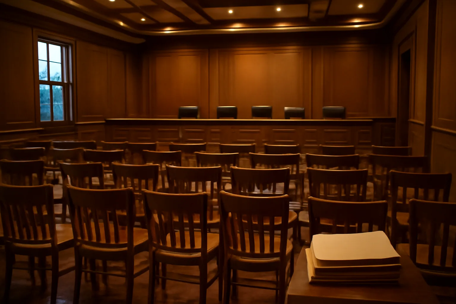 Empty county liquor board hearing room where alcohol license applications are reviewed
