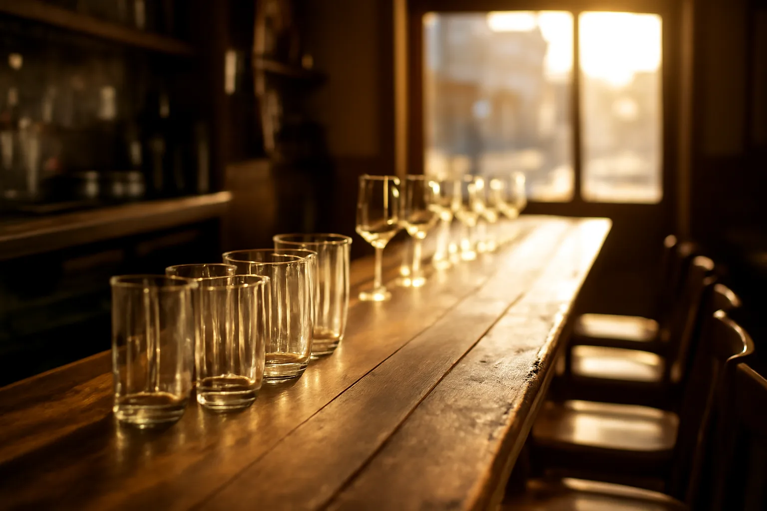Sunlit empty bar counter representing a restaurant awaiting its Maryland alcohol license