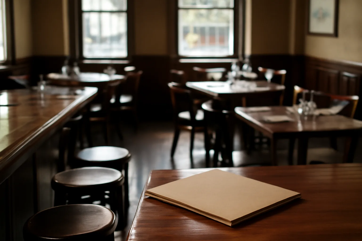 Empty restaurant bar in afternoon light representing the maryland liquor license process