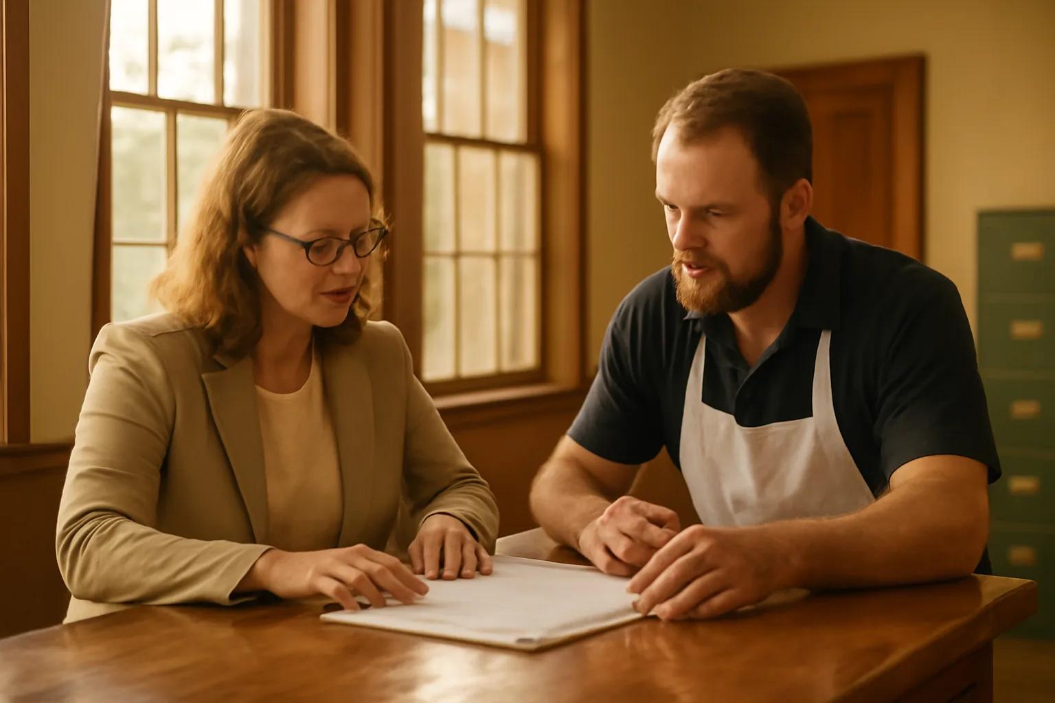 Restaurant owner discussing a Missouri alcohol license application with a city clerk