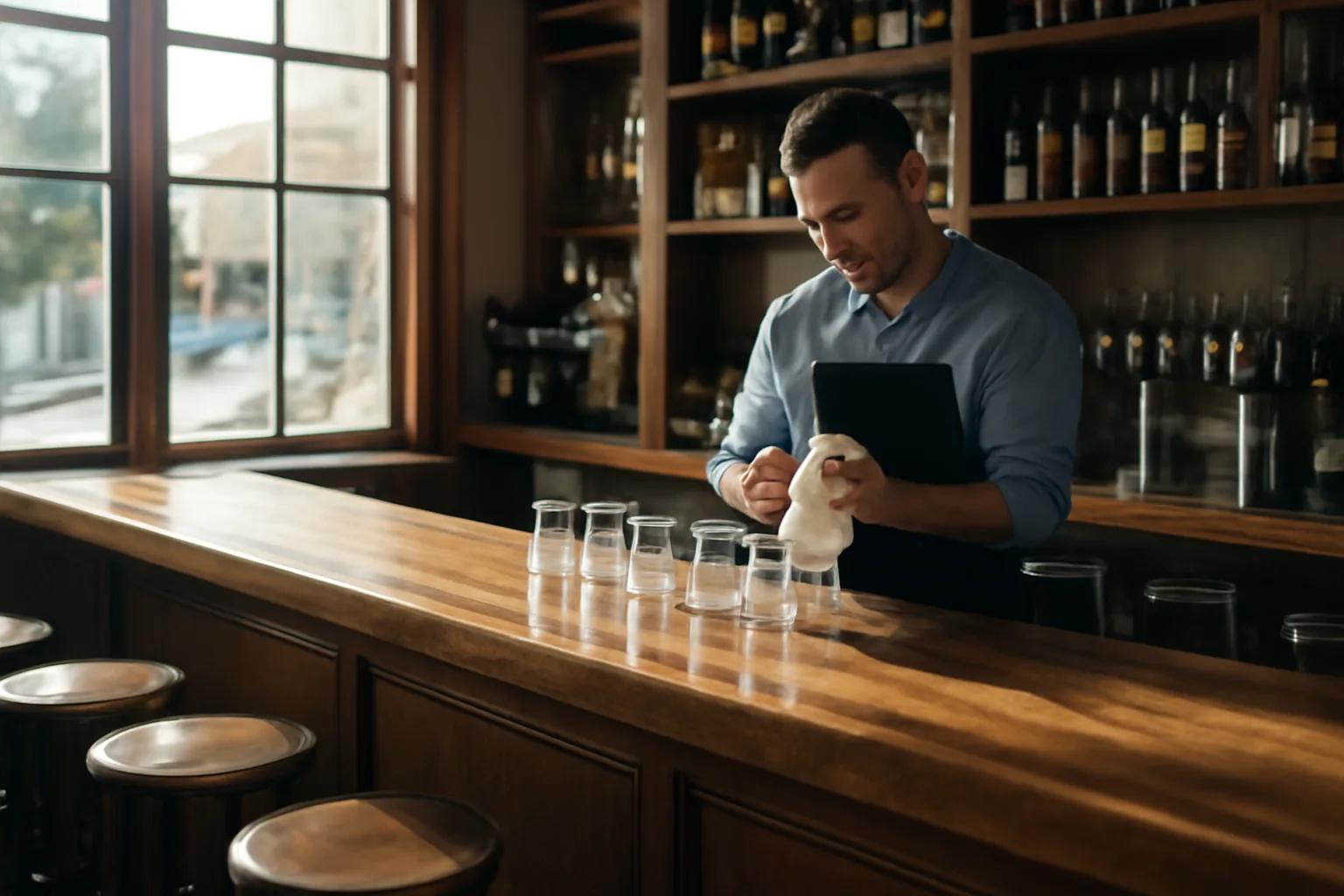 Empty neighborhood bar counter lit by morning sun before opening hours