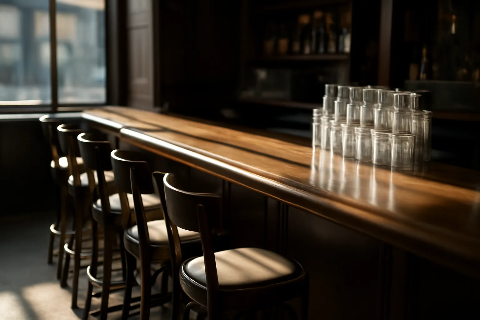 Empty restaurant bar with sunlight, representing Missouri liquor license planning before opening