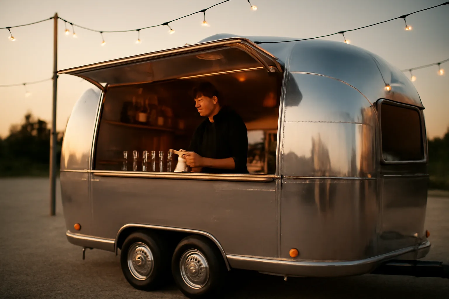 Mobile bar trailer set up outdoors at golden hour before an event
