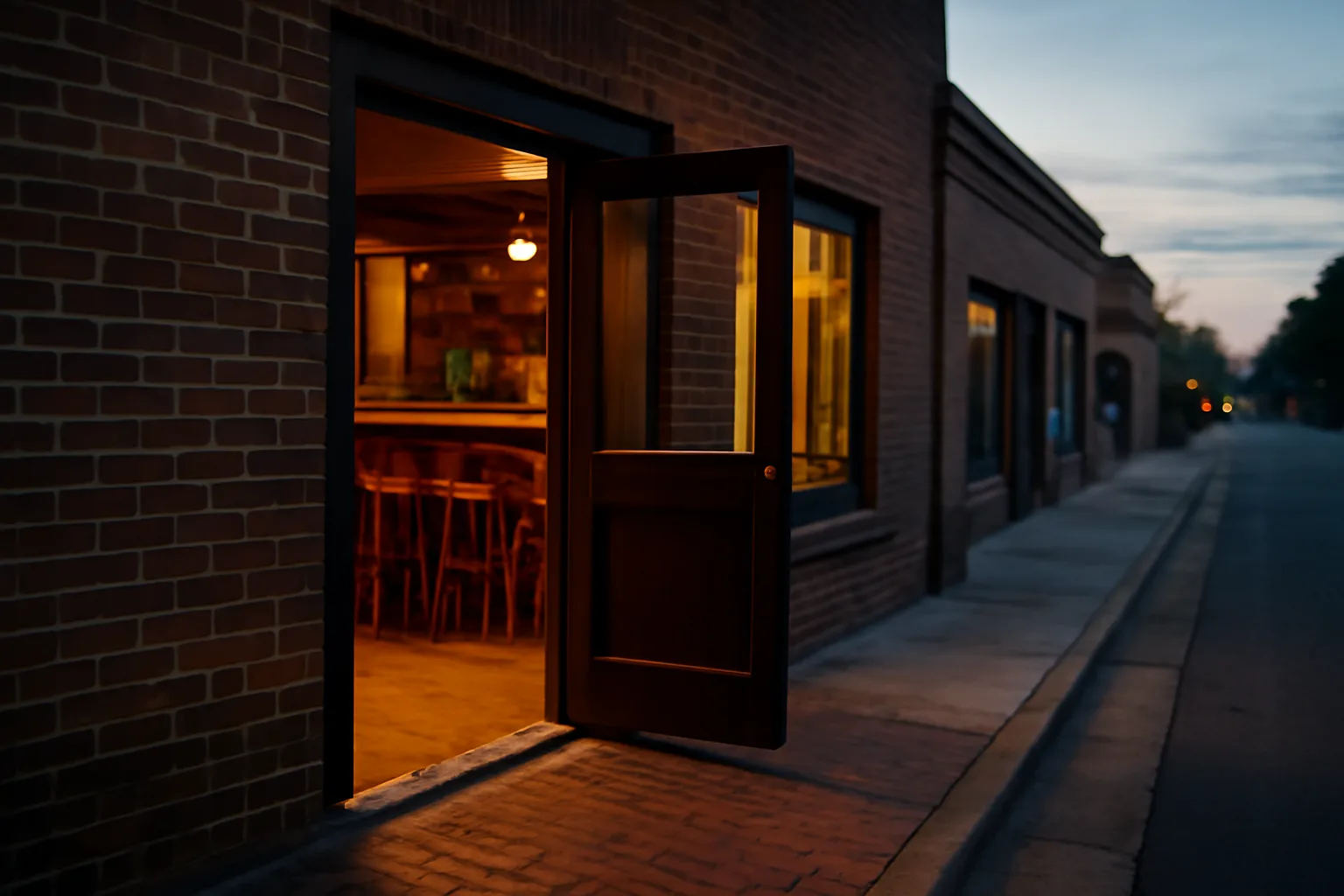 Warmly lit bar interior seen from sidewalk on a North Carolina main street at dusk