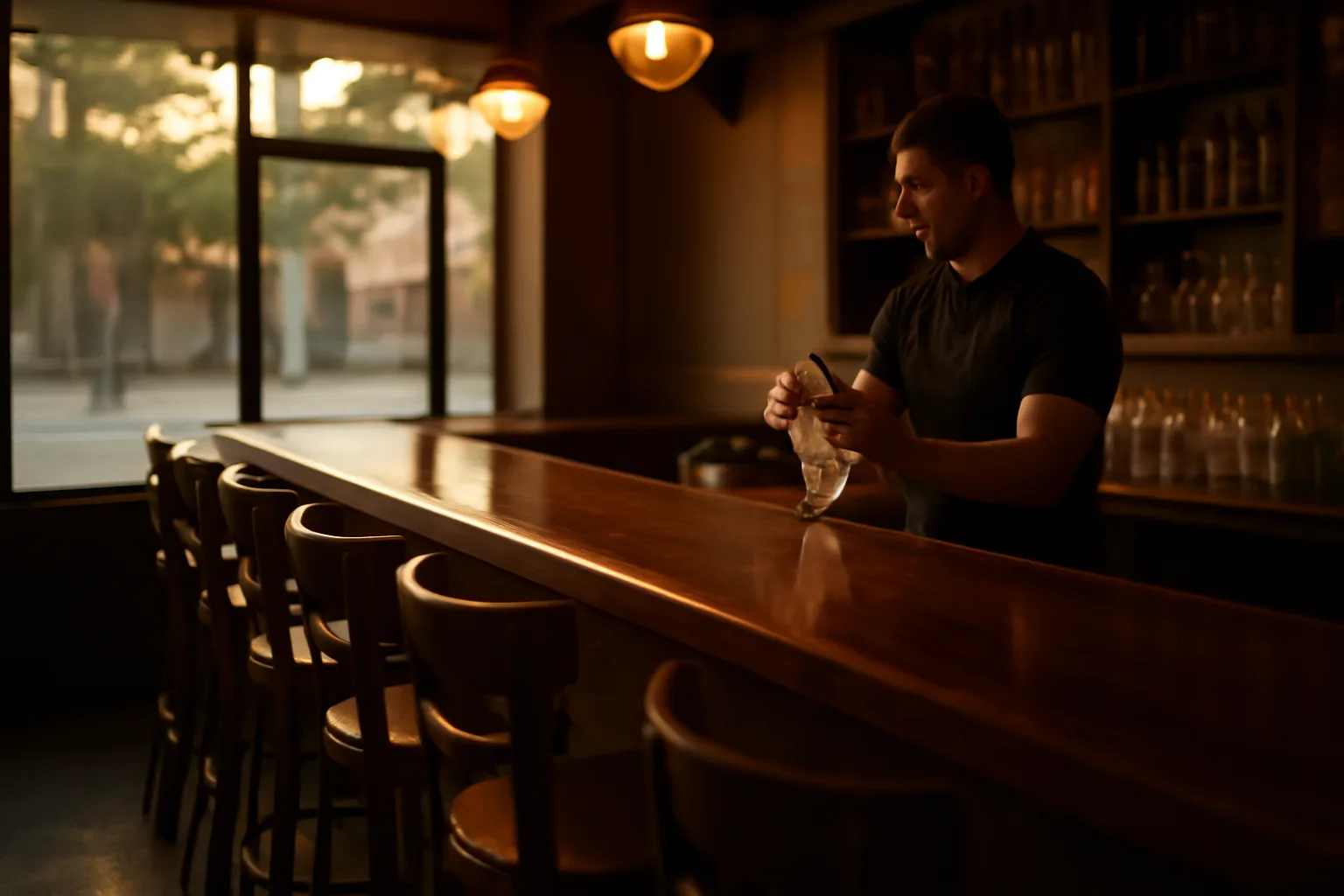 Bartender wiping glasses at an empty bar during golden hour before opening