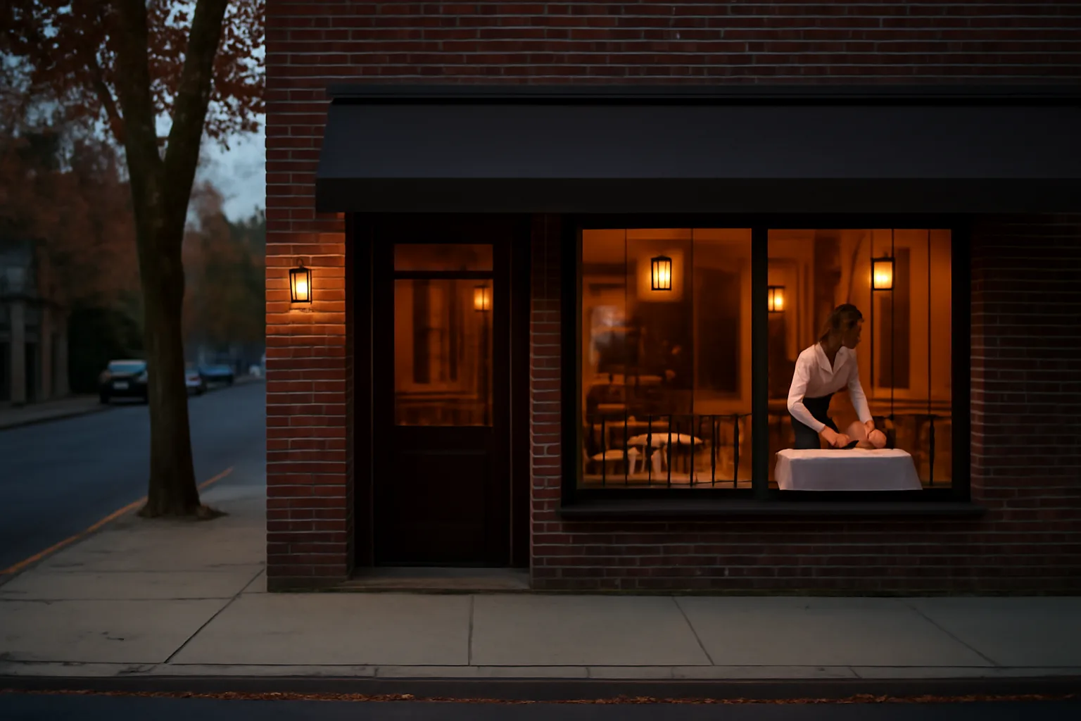 Small New Jersey restaurant storefront at dusk illustrating on-premise alcohol licensing rules