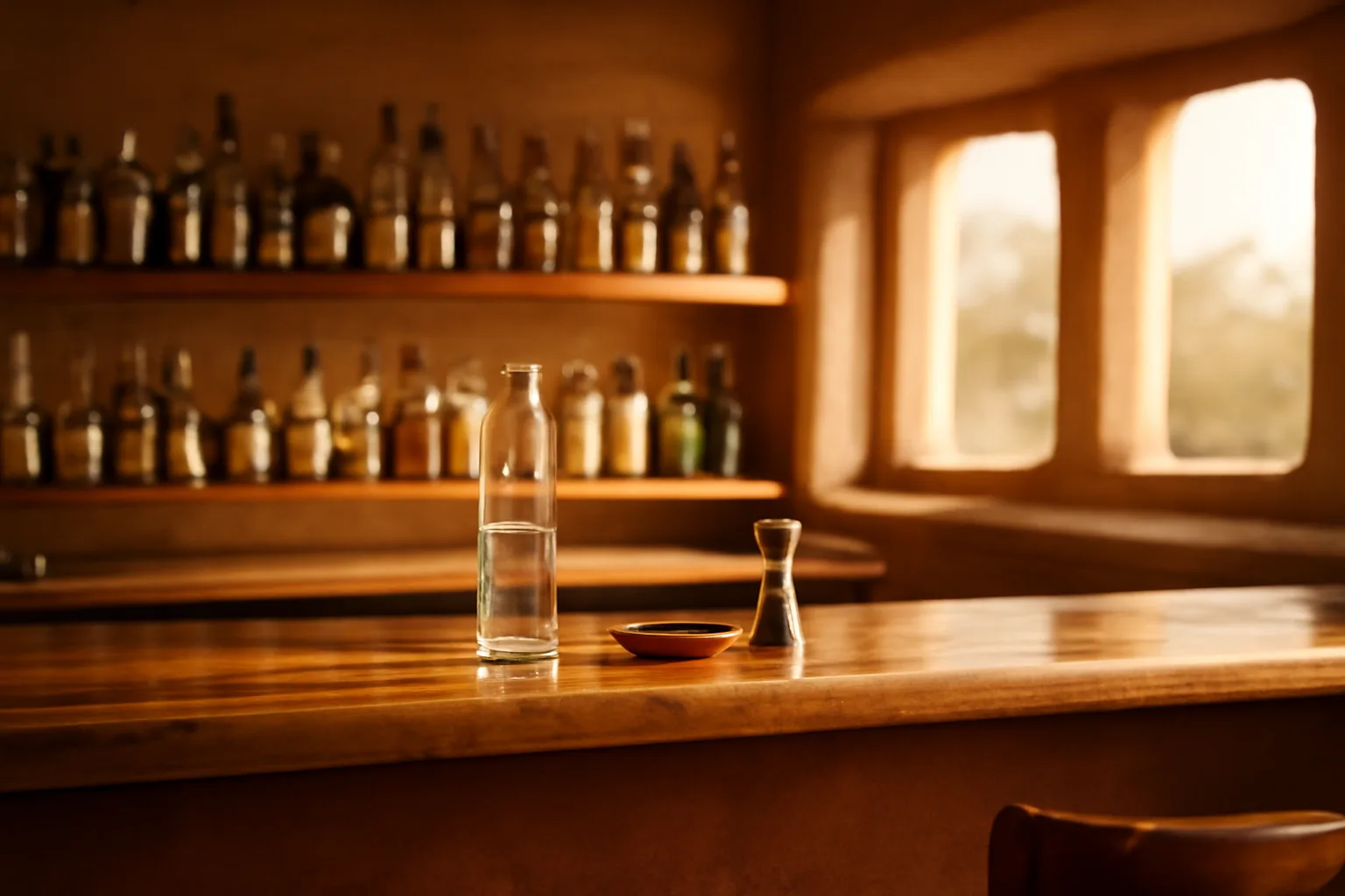 Sunlit bar counter with liquor bottles inside a New Mexico restaurant