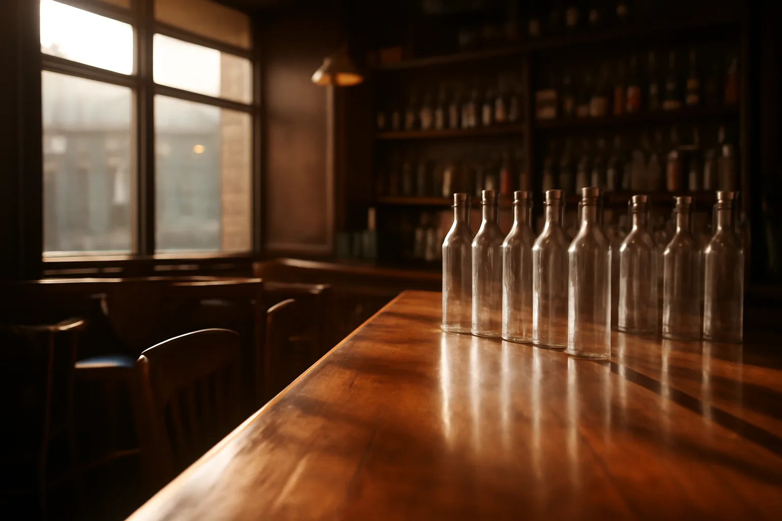 Sunlit empty bar interior with wood counter before a New York bar opens