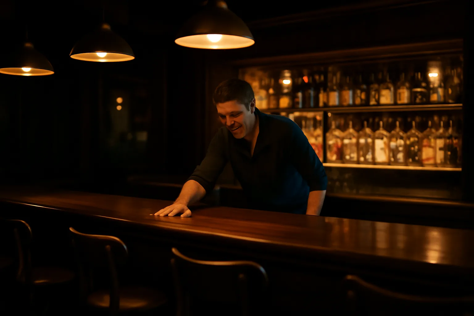 Bartender cleaning a quiet restaurant bar counter under warm evening light