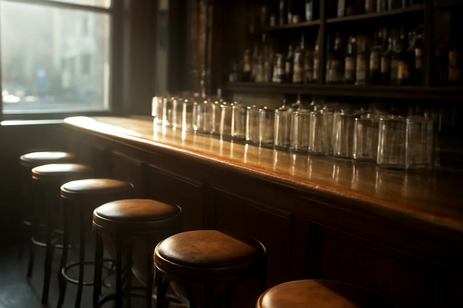Empty New York bar interior in morning light before a liquor license inspection