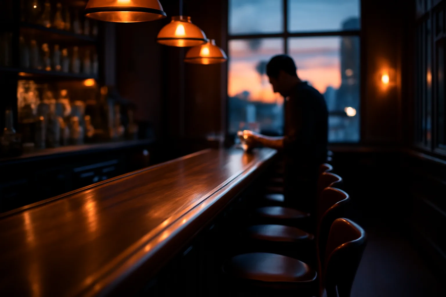 Dimly lit restaurant bar counter representing New York State liquor license planning