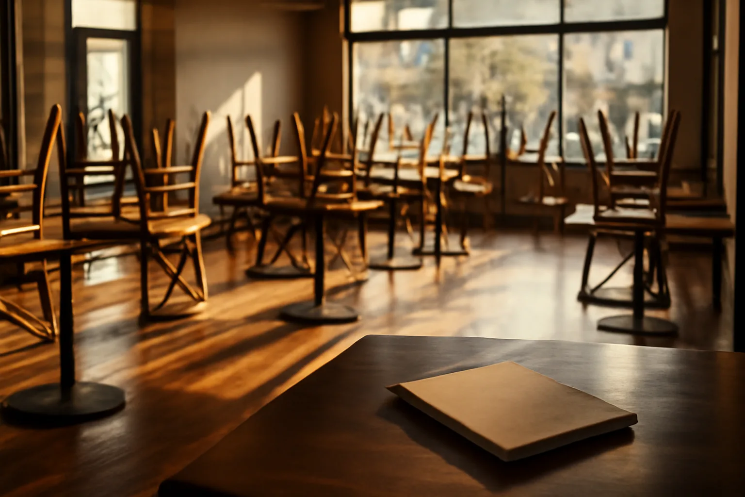Empty new bar interior in warm afternoon light before opening