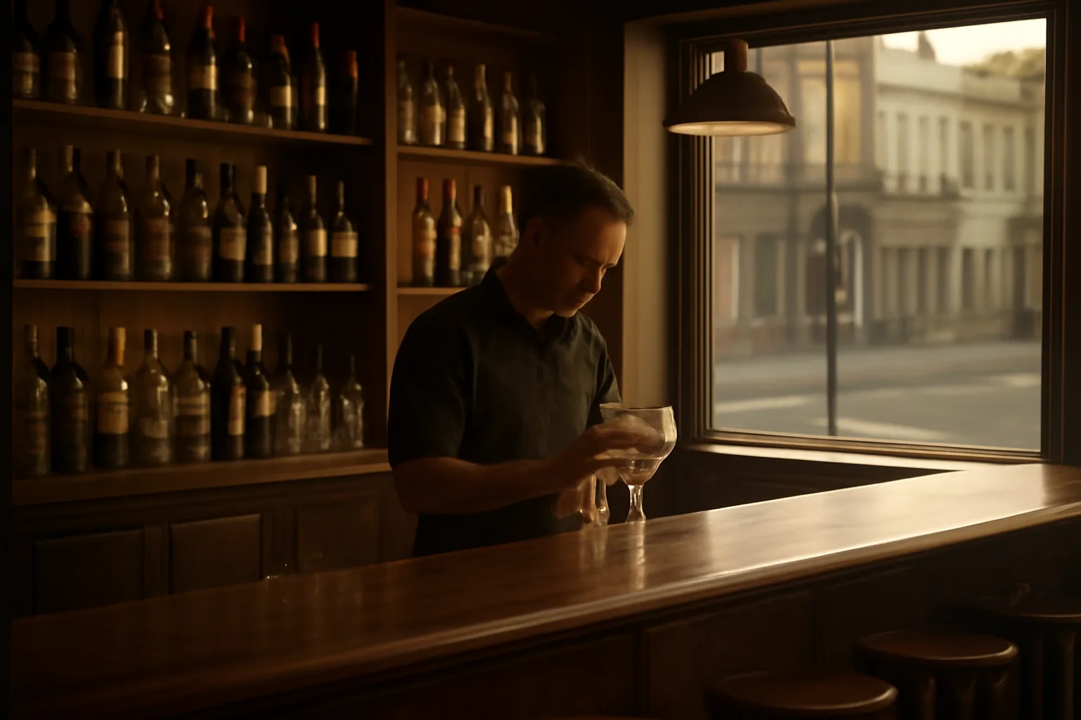 Bartender preparing an empty New Jersey restaurant bar before opening hours