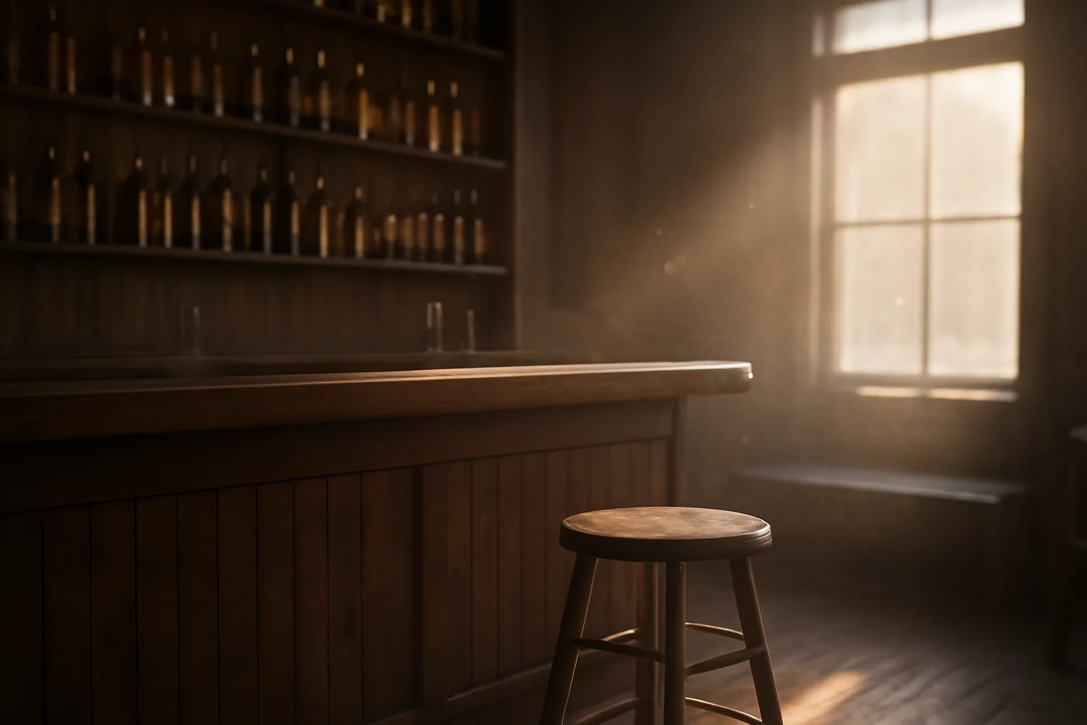 Empty restaurant bar interior lit by morning window light before opening