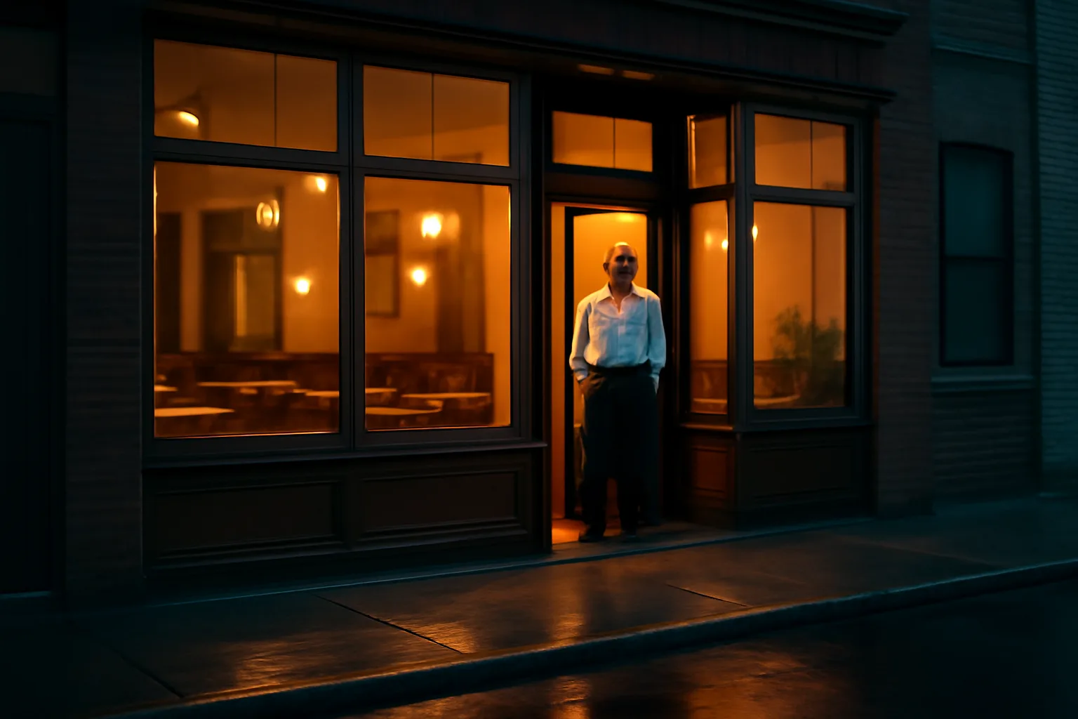 Restaurant owner in doorway at dusk, illustrating NJ liquor license cost decisions before opening