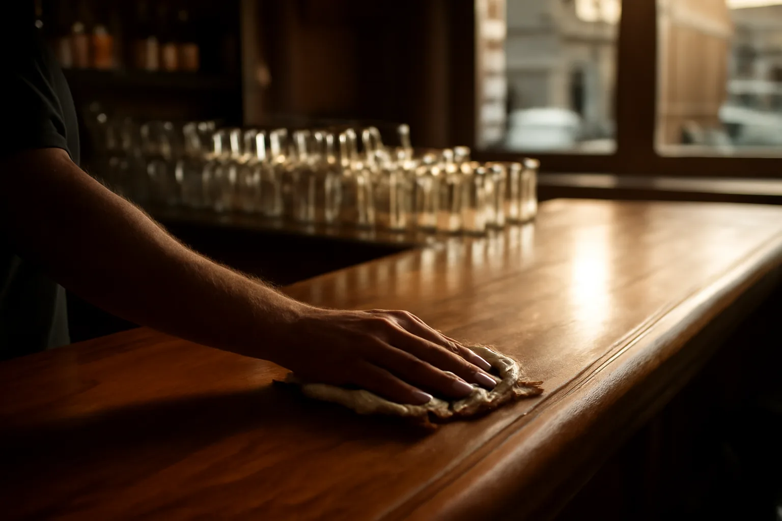 Bartender wiping down a wood bar top in an empty New Jersey tavern with liquor license pending