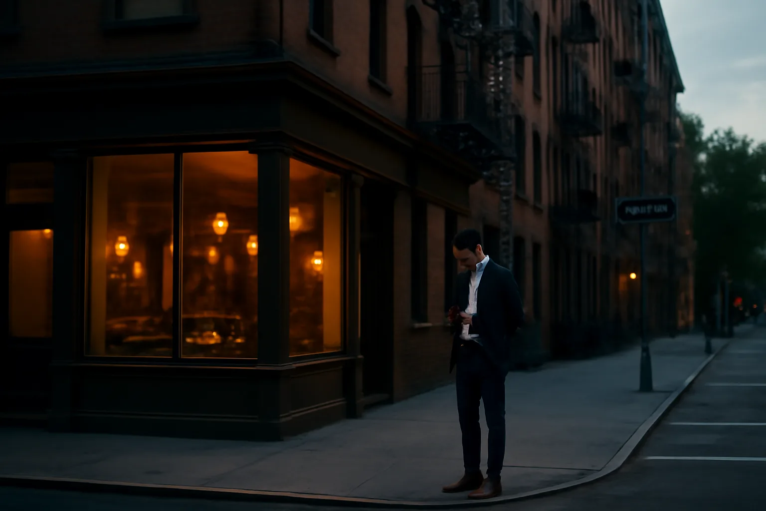 Person checking a phone outside a lit restaurant storefront on a NYC street at dusk