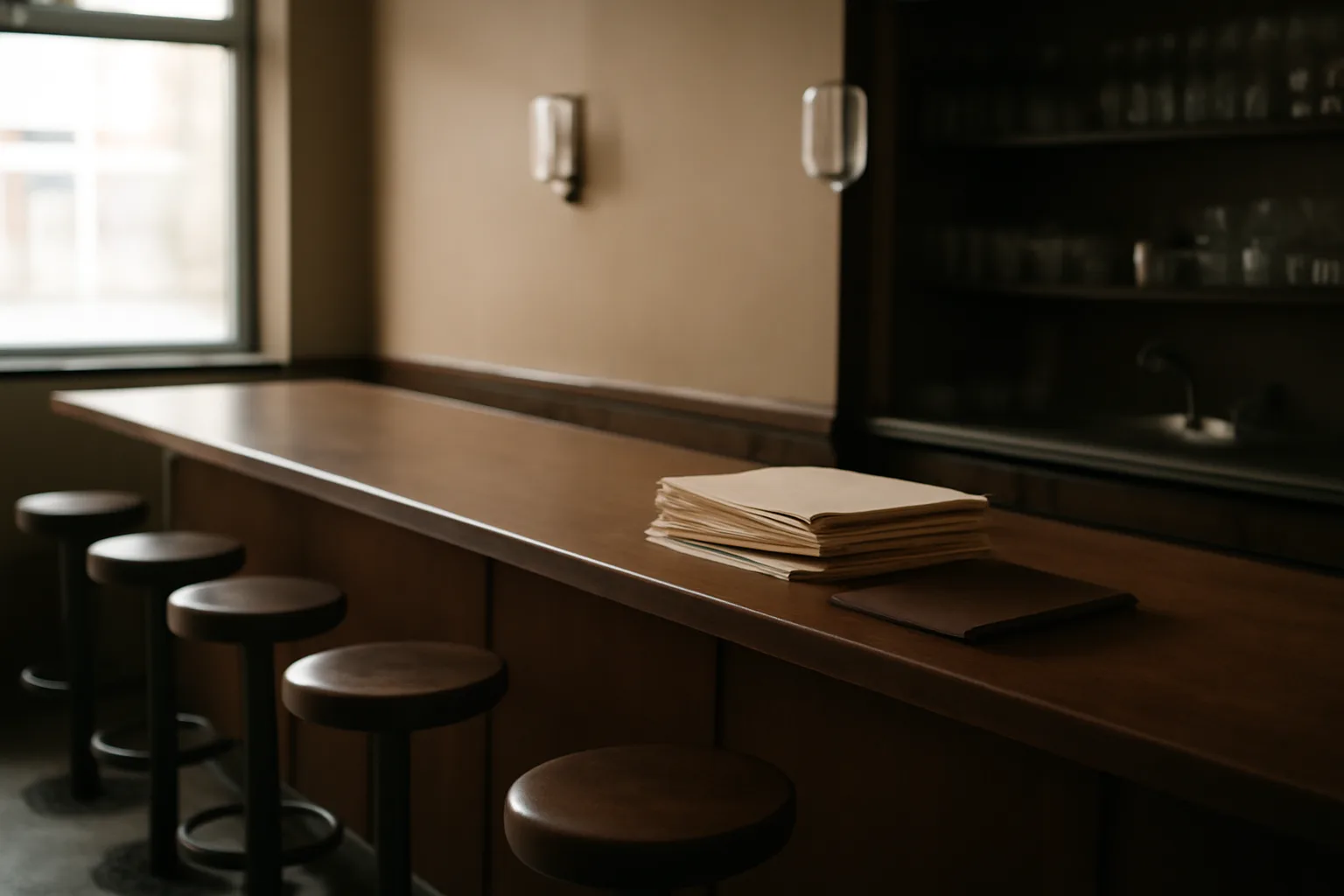 Empty restaurant bar with paperwork on the counter before a liquor license is approved