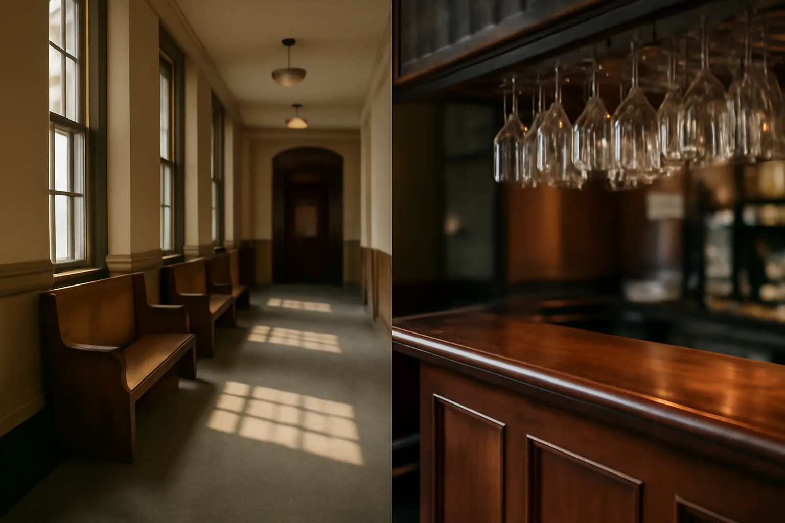 Courthouse hallway light beside an empty neighborhood bar counter, Ohio setting