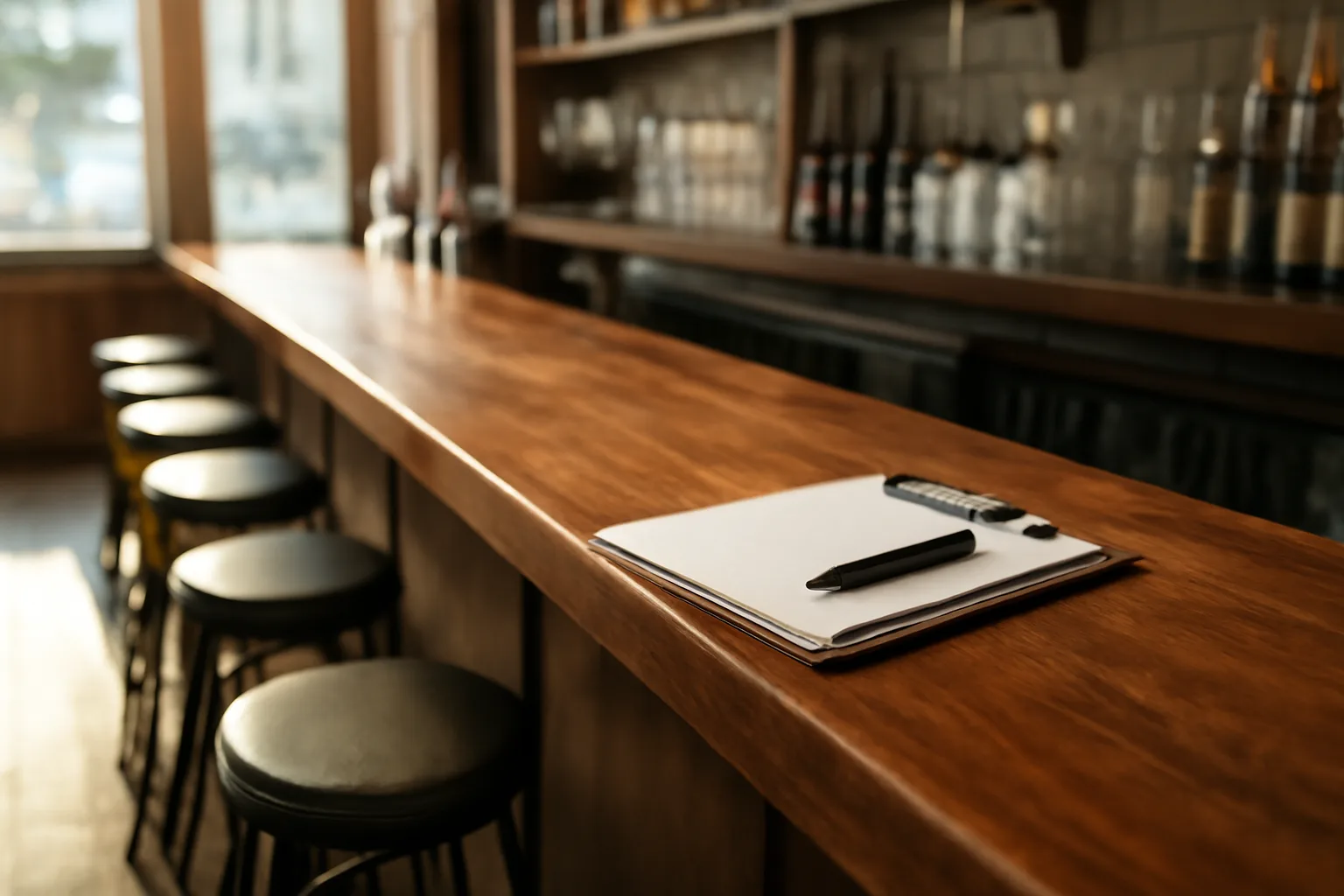 Empty restaurant bar counter in morning light before an Ohio liquor license search