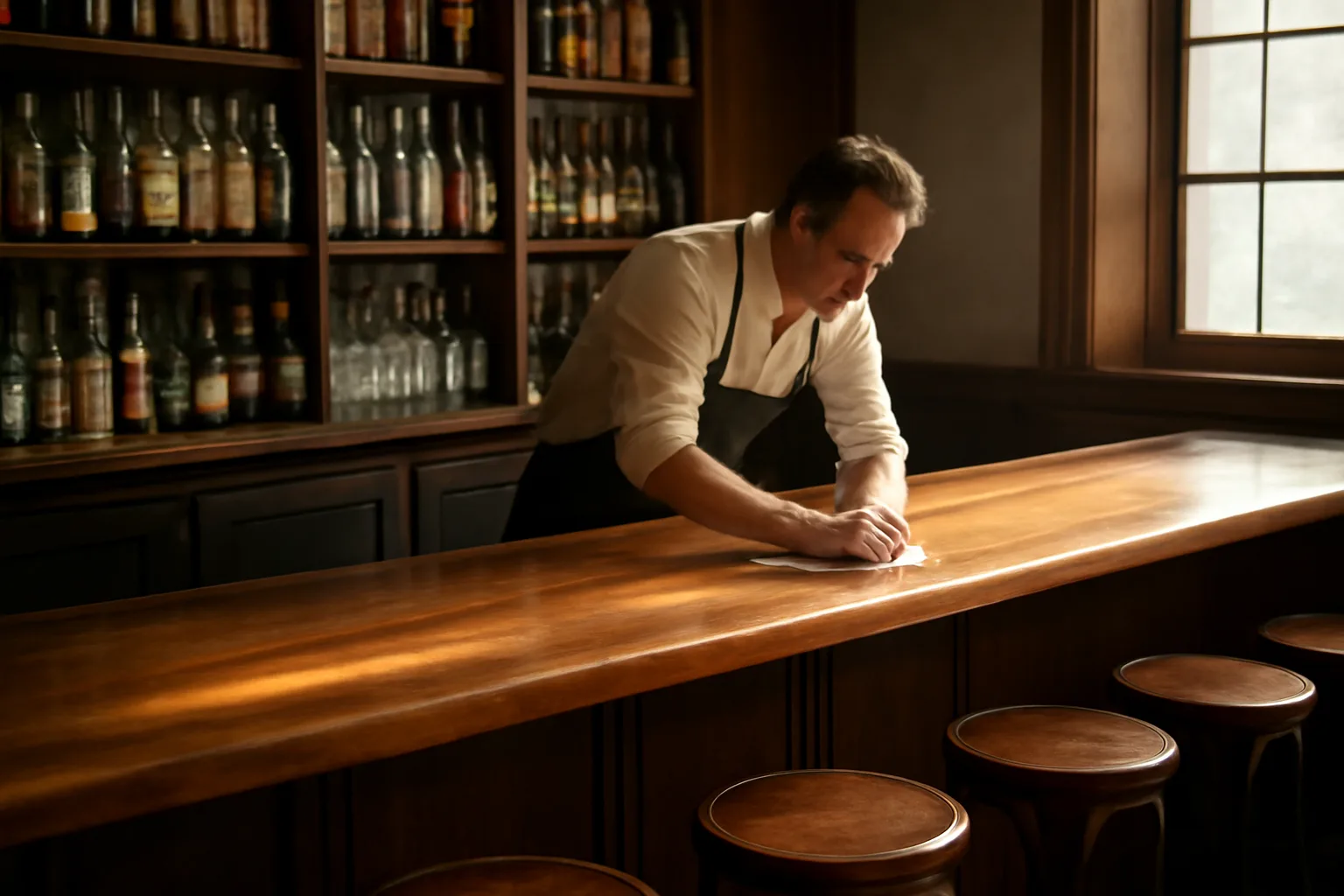 Empty restaurant bar counter in morning light before an alcohol license application review