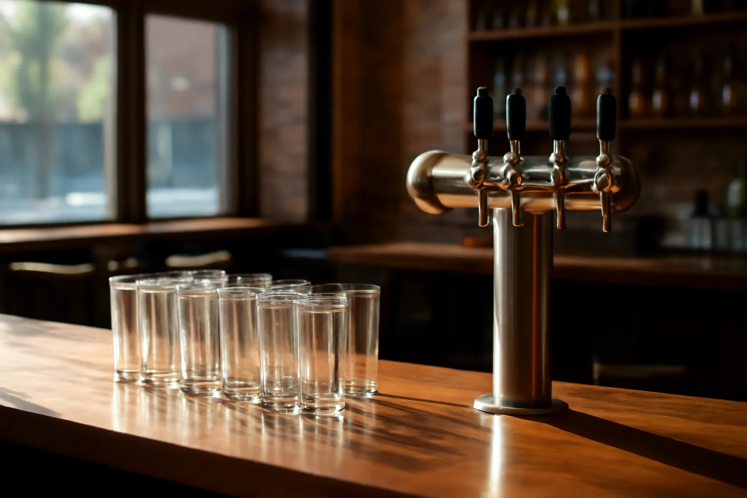 Sunlit taproom counter with pint glasses and beer taps, no signage visible