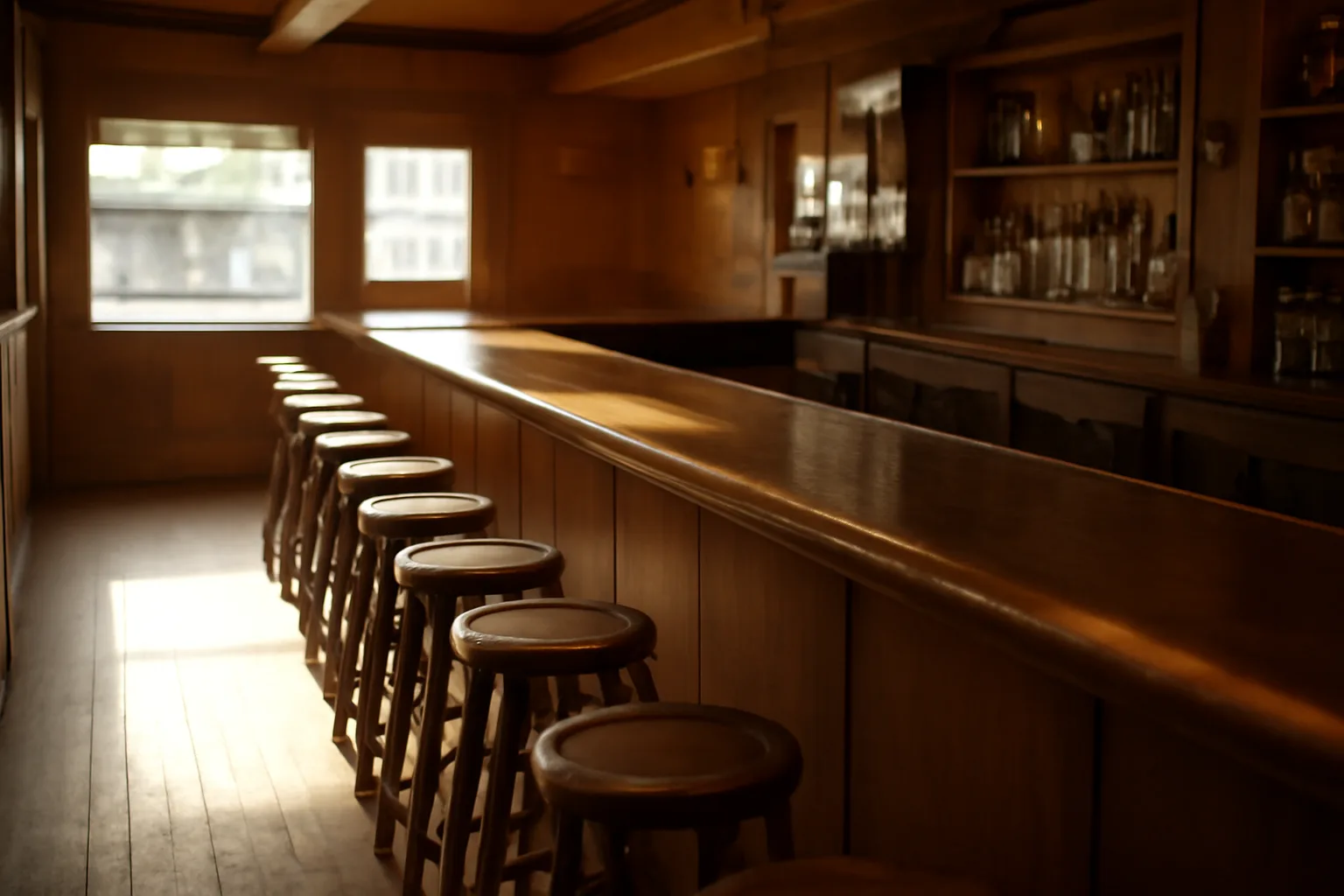 Empty Pennsylvania tavern bar interior in daylight before opening
