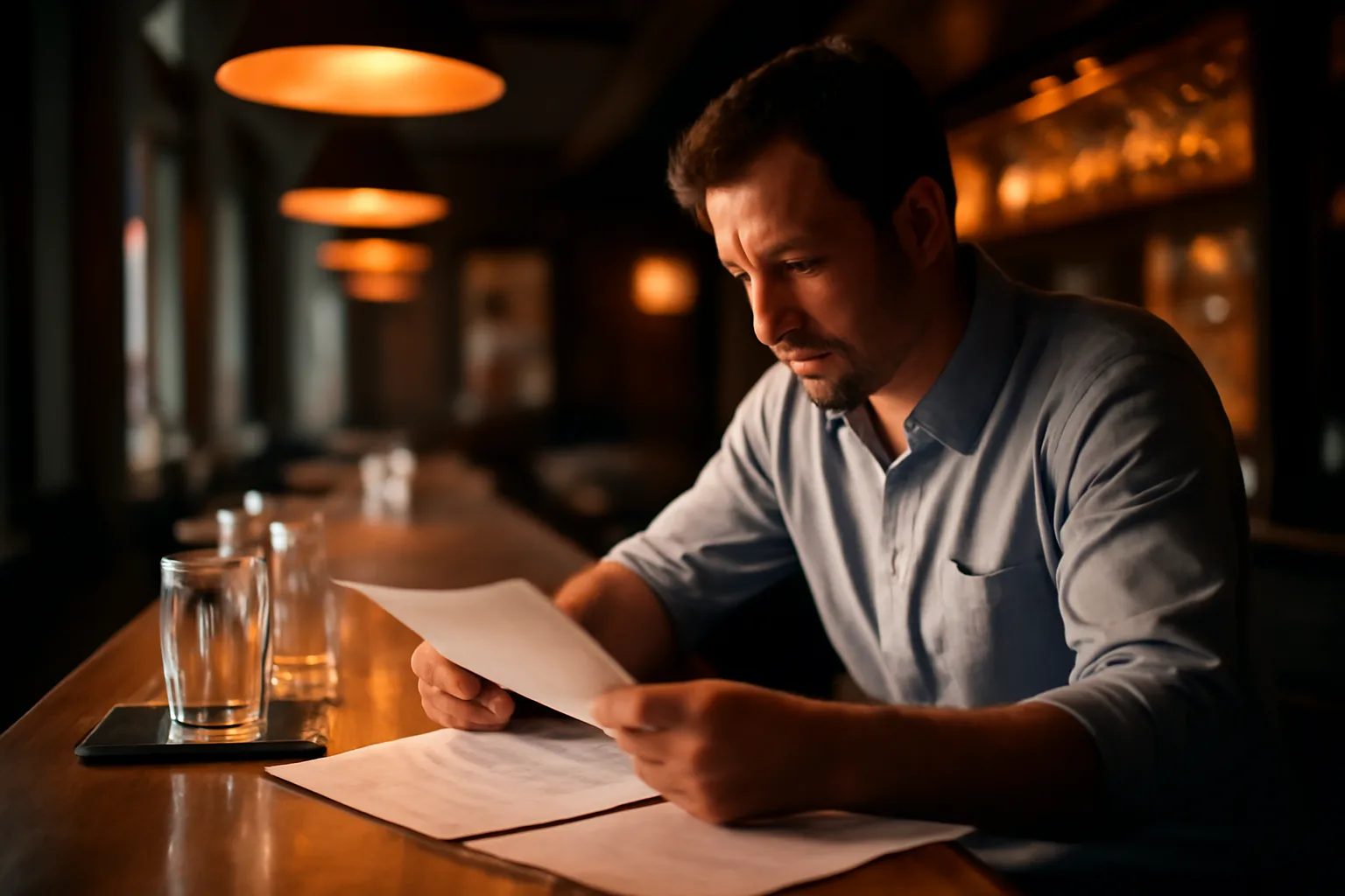 restaurant owner reviewing documents at an empty bar counter before opening