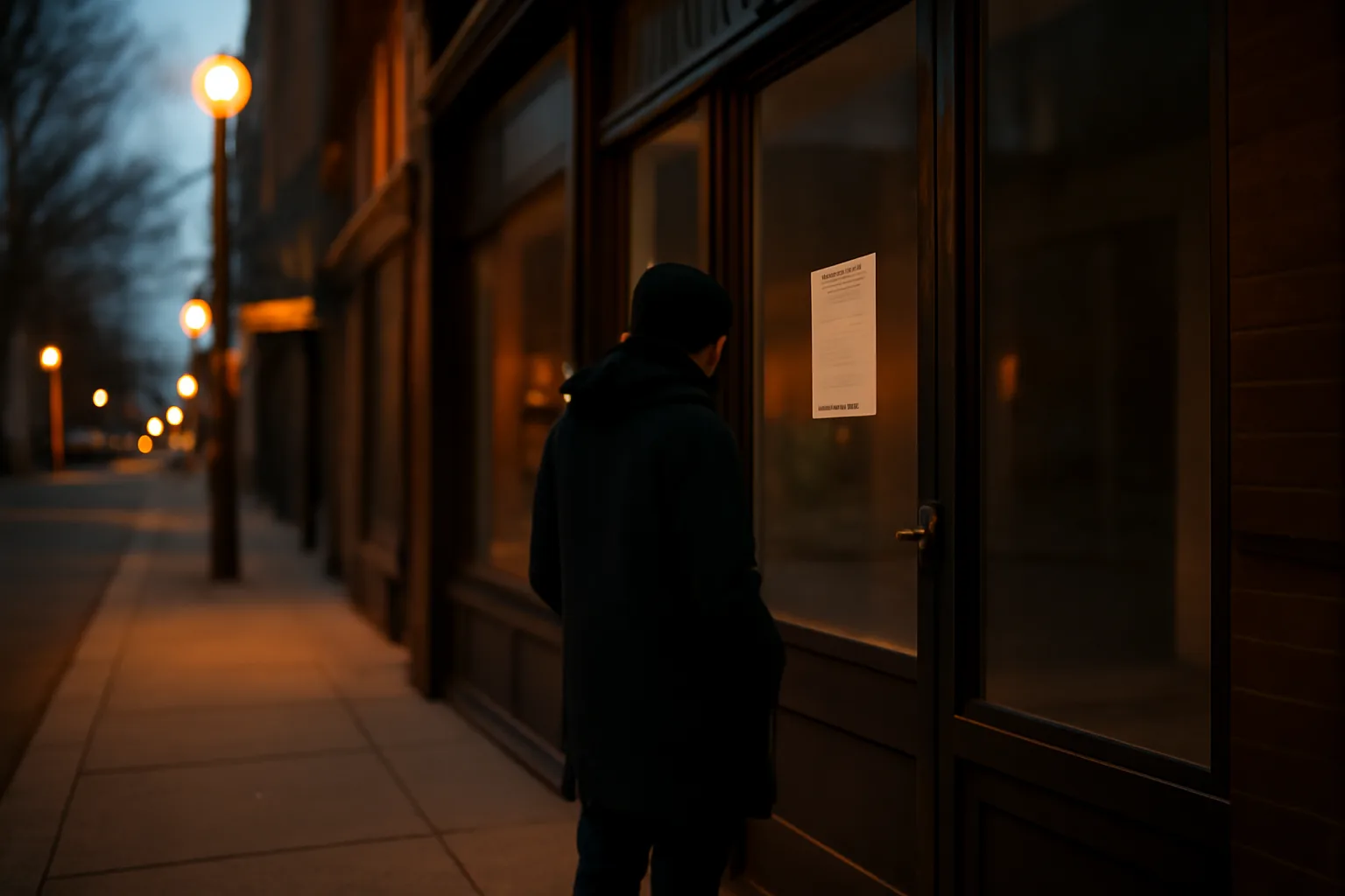 Person reading a posted notice on a closed storefront door at dusk, symbolizing a liquor license dispute