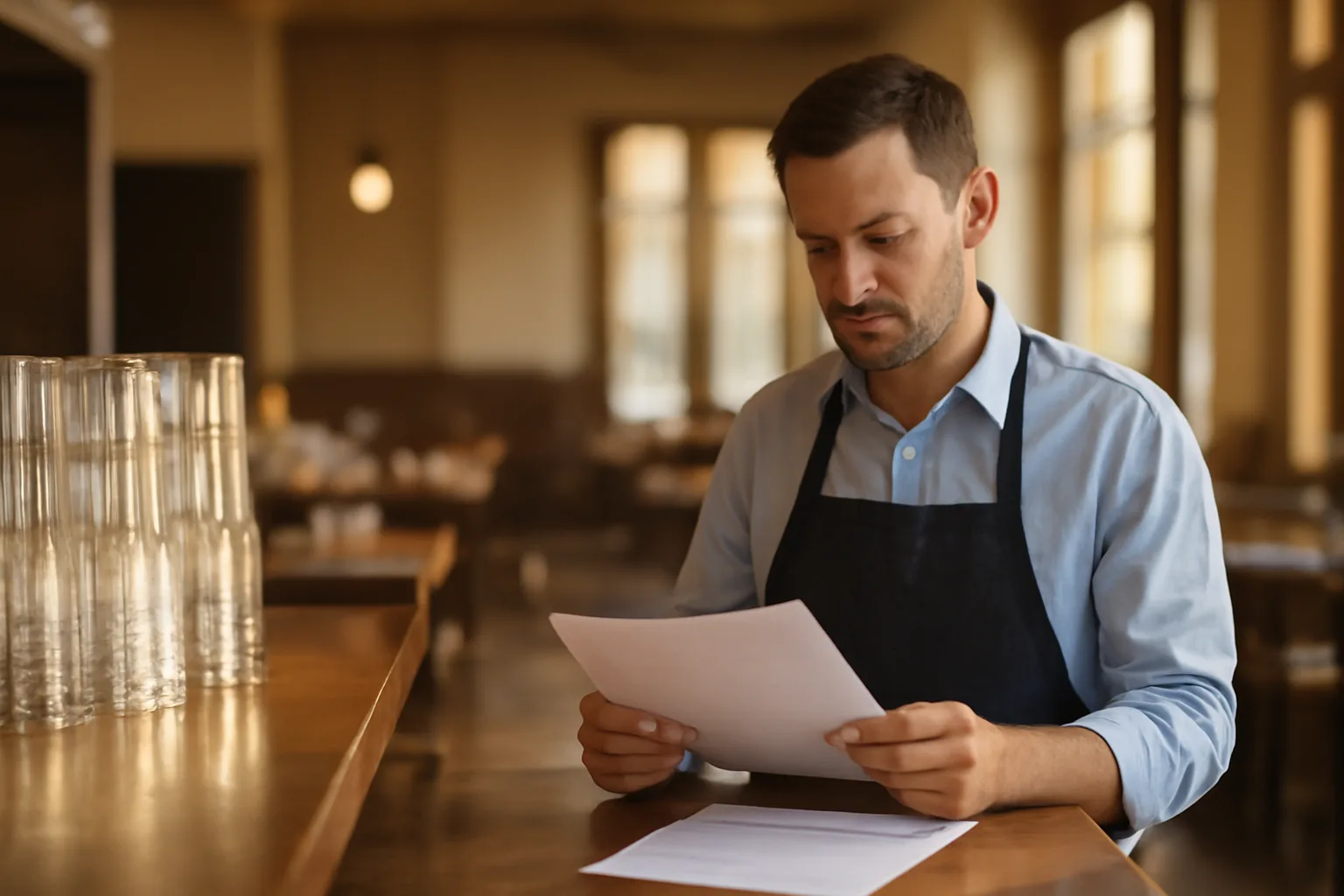 Restaurant manager reviewing renewal paperwork at an empty bar counter