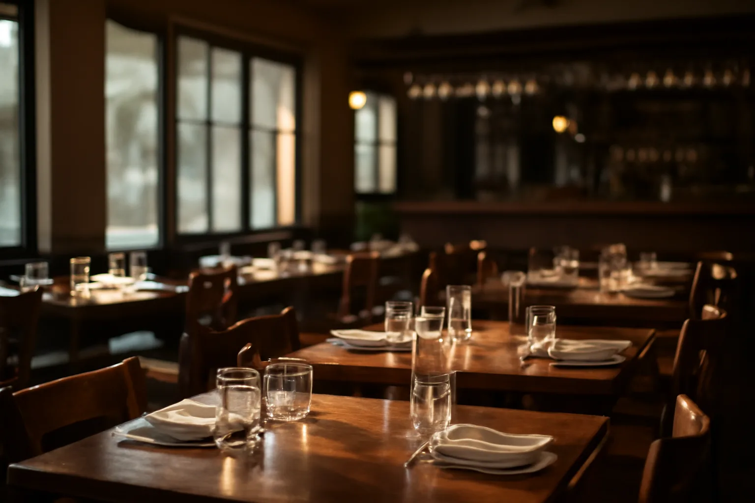 Empty restaurant dining room at dusk representing a Northlake Texas liquor license application in progress