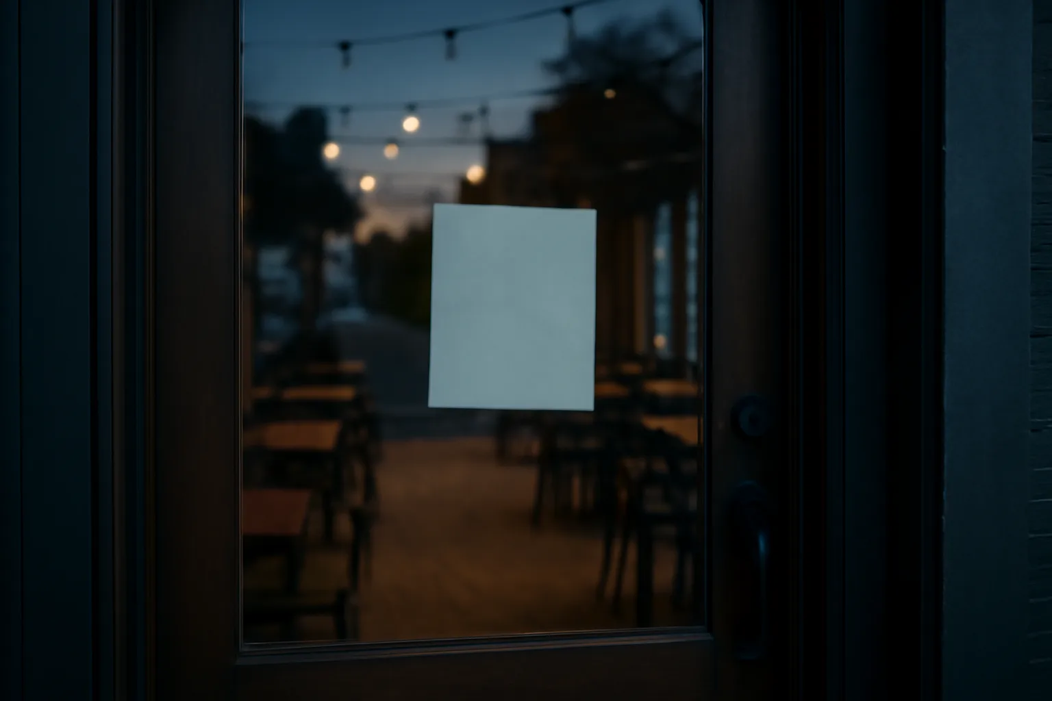 Closed bistro entrance at dusk after a liquor license denial