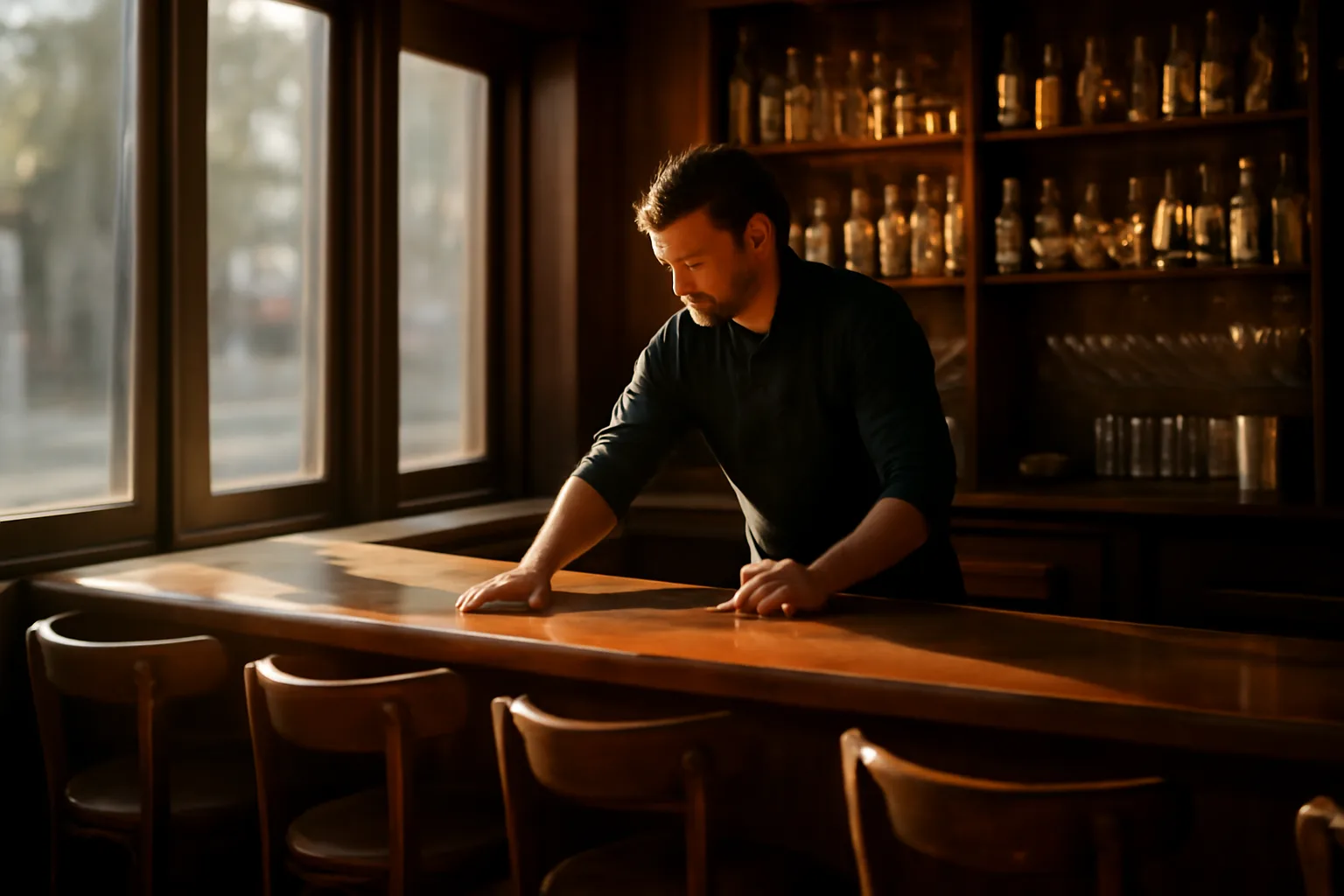 Bartender preparing an empty bar before opening, illustrating liquor license and running a bar planning