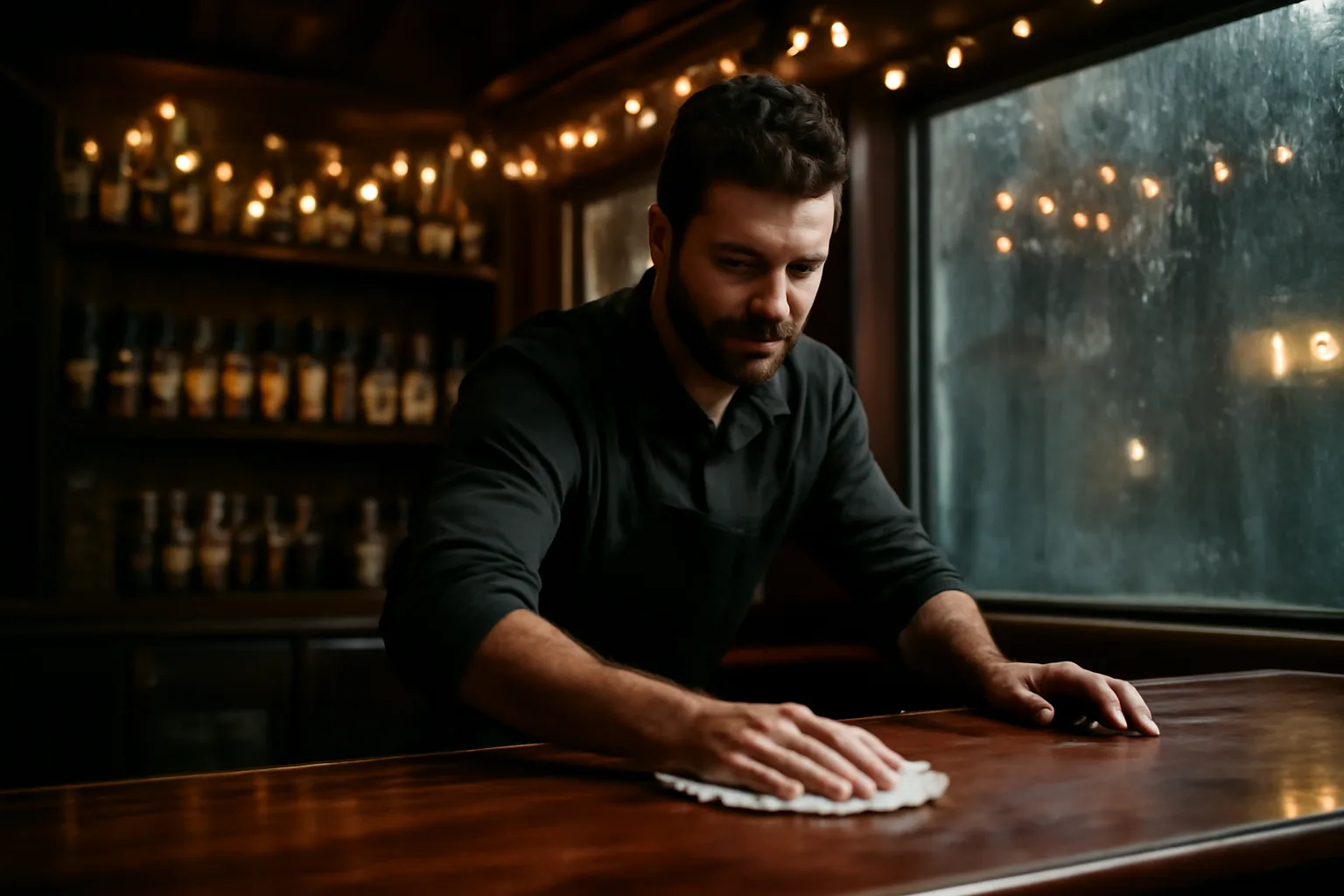 Bartender wiping down a wooden bar counter under warm string lights at closing time