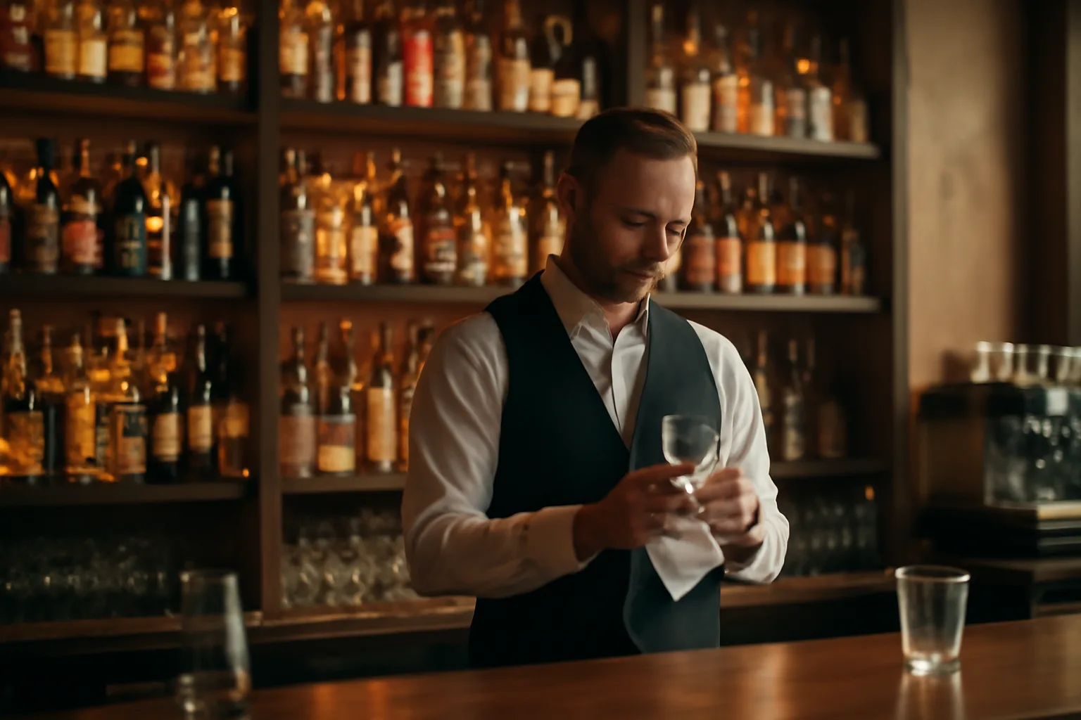Bartender working behind a shelf of liquor bottles in a warmly lit restaurant bar