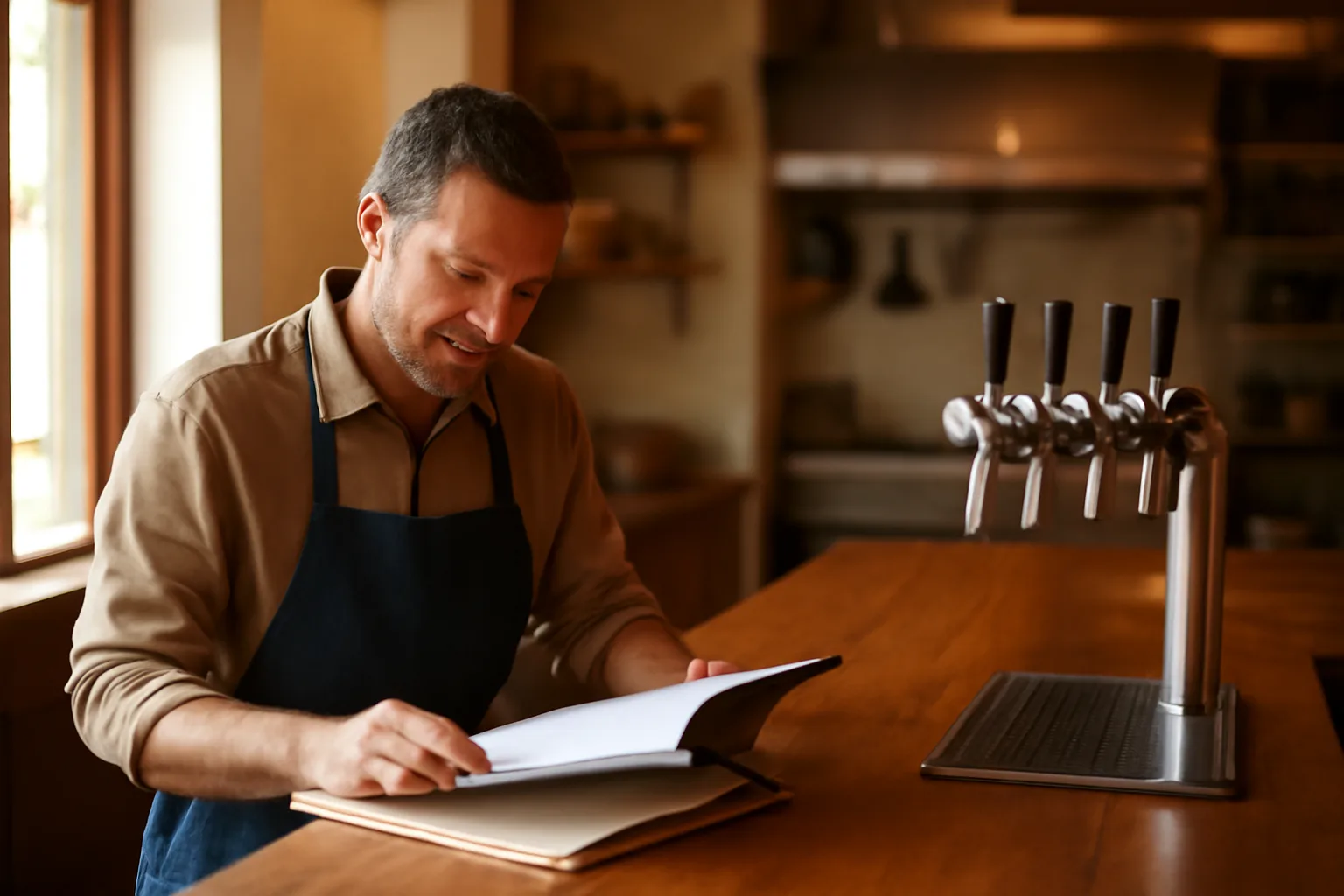 Restaurant owner reviewing paperwork near an empty bar counter before opening
