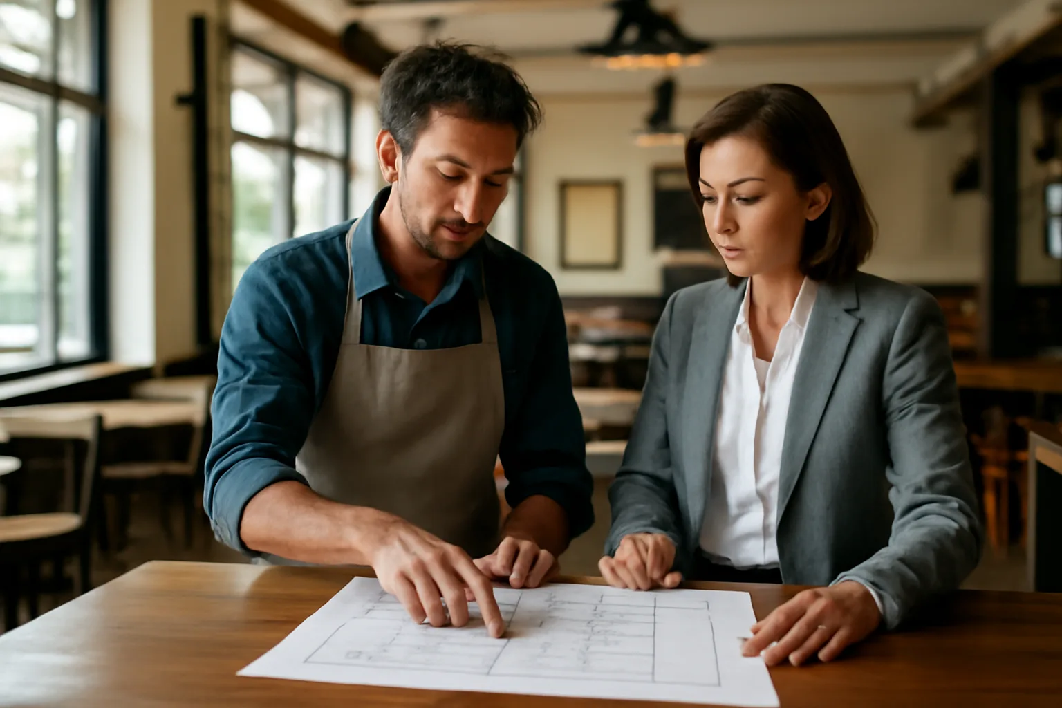 restaurant owner and inspector reviewing a floor plan for a state liquor license