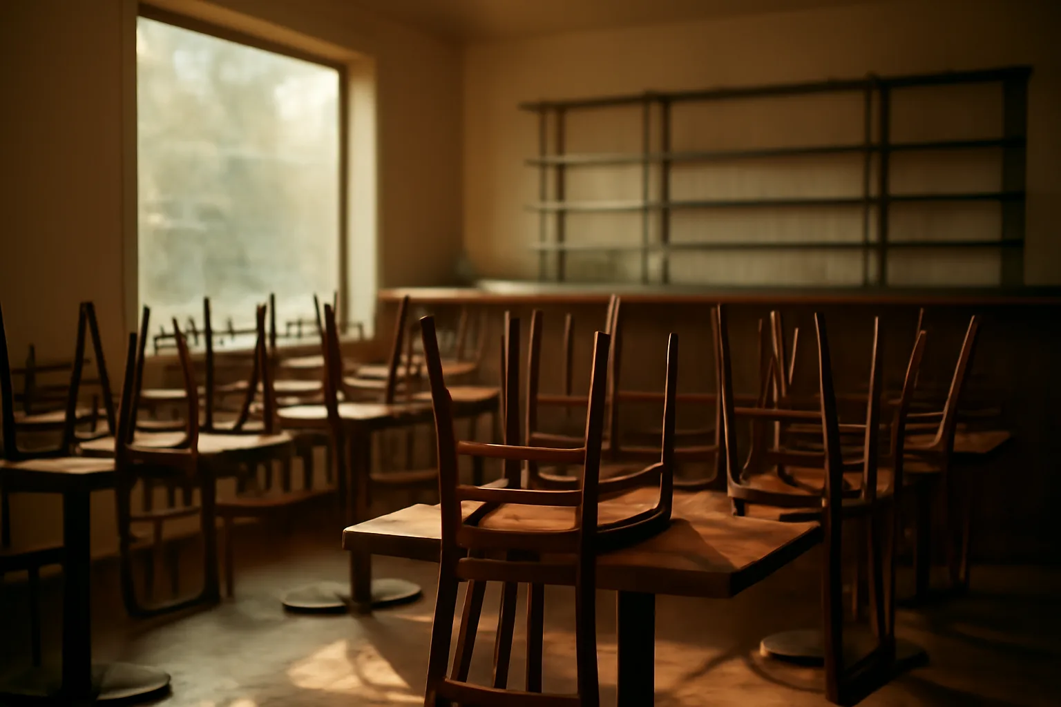 Empty restaurant dining room and bar at sunrise before a New Jersey liquor license is finalized
