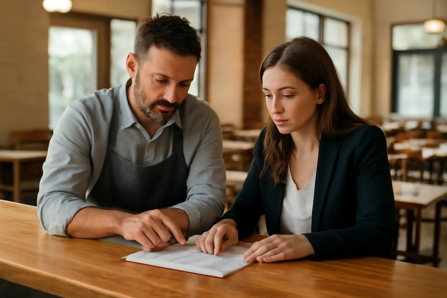 Restaurant owner reviewing liquor permit paperwork at bar counter before opening