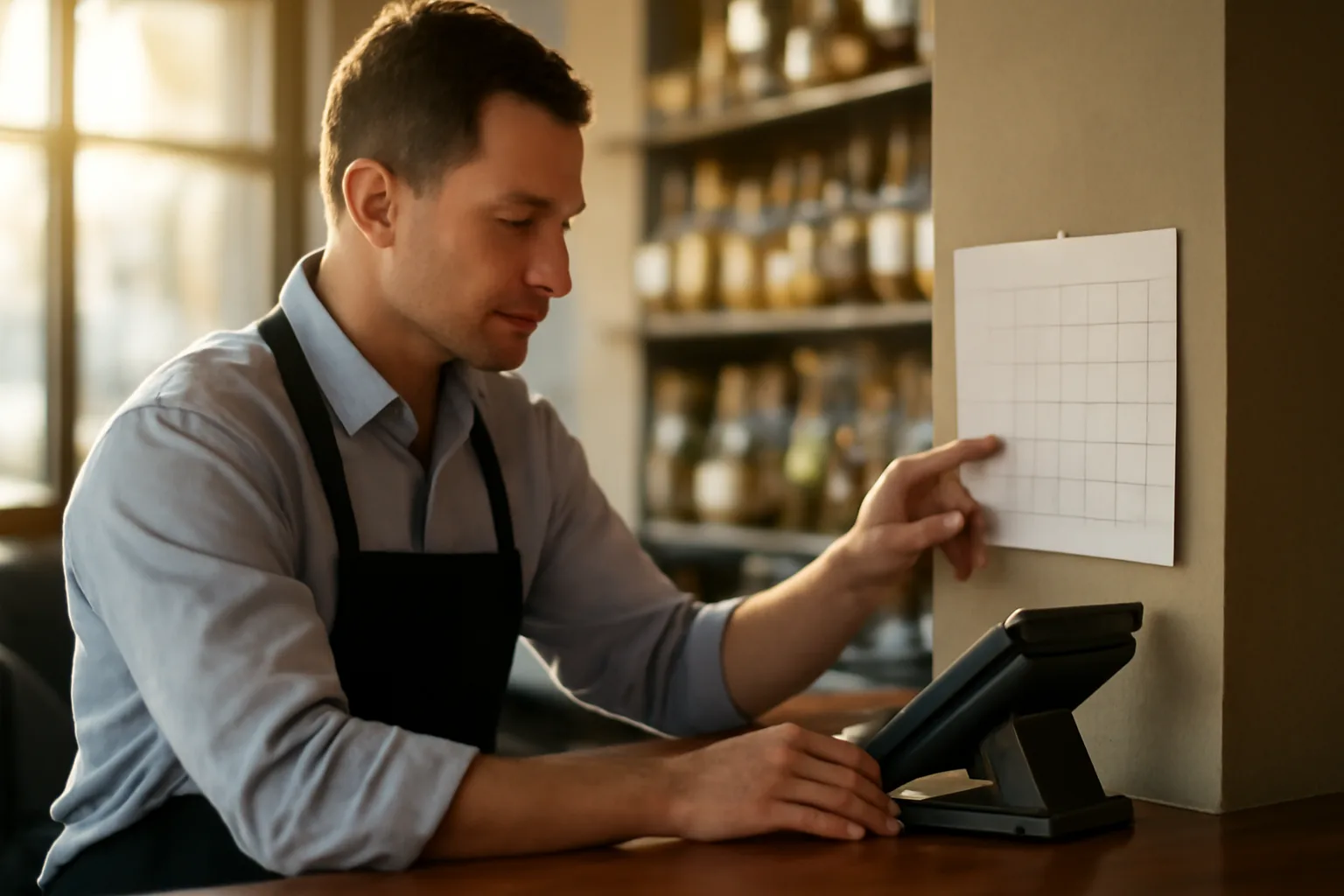 Restaurant manager checking a wall calendar near the bar for renewal deadline planning