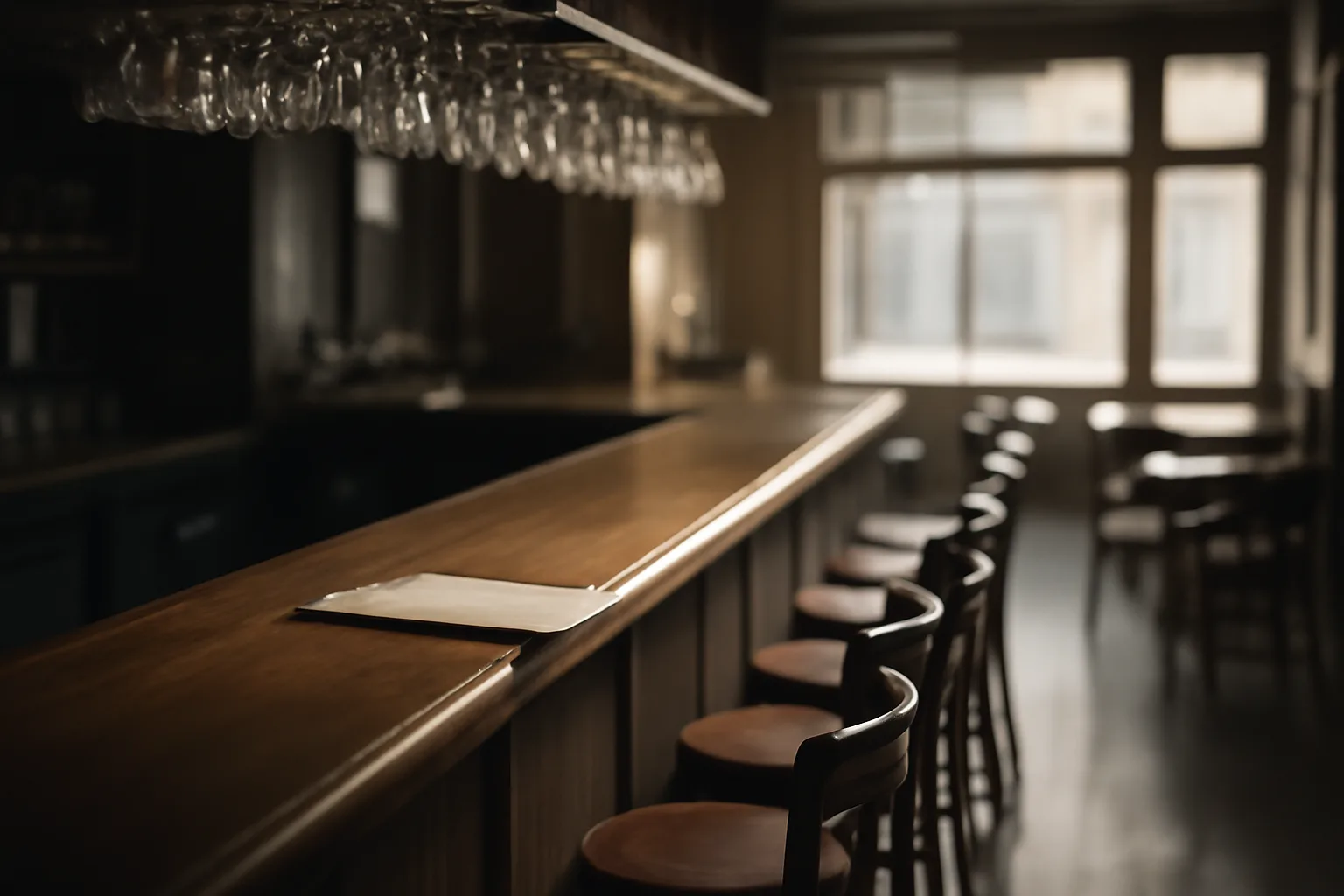 Empty restaurant bar interior lit by morning light before a TABC liquor license opening
