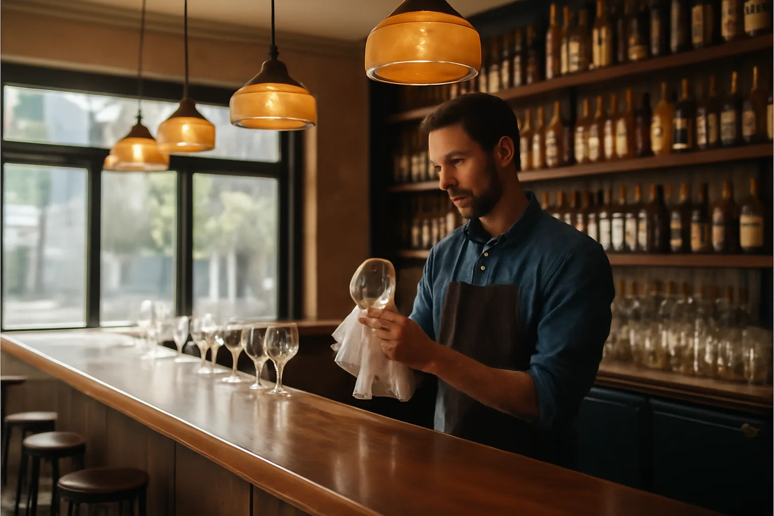 Bartender preparing an empty restaurant bar before service, related to TABC permit Texas rules