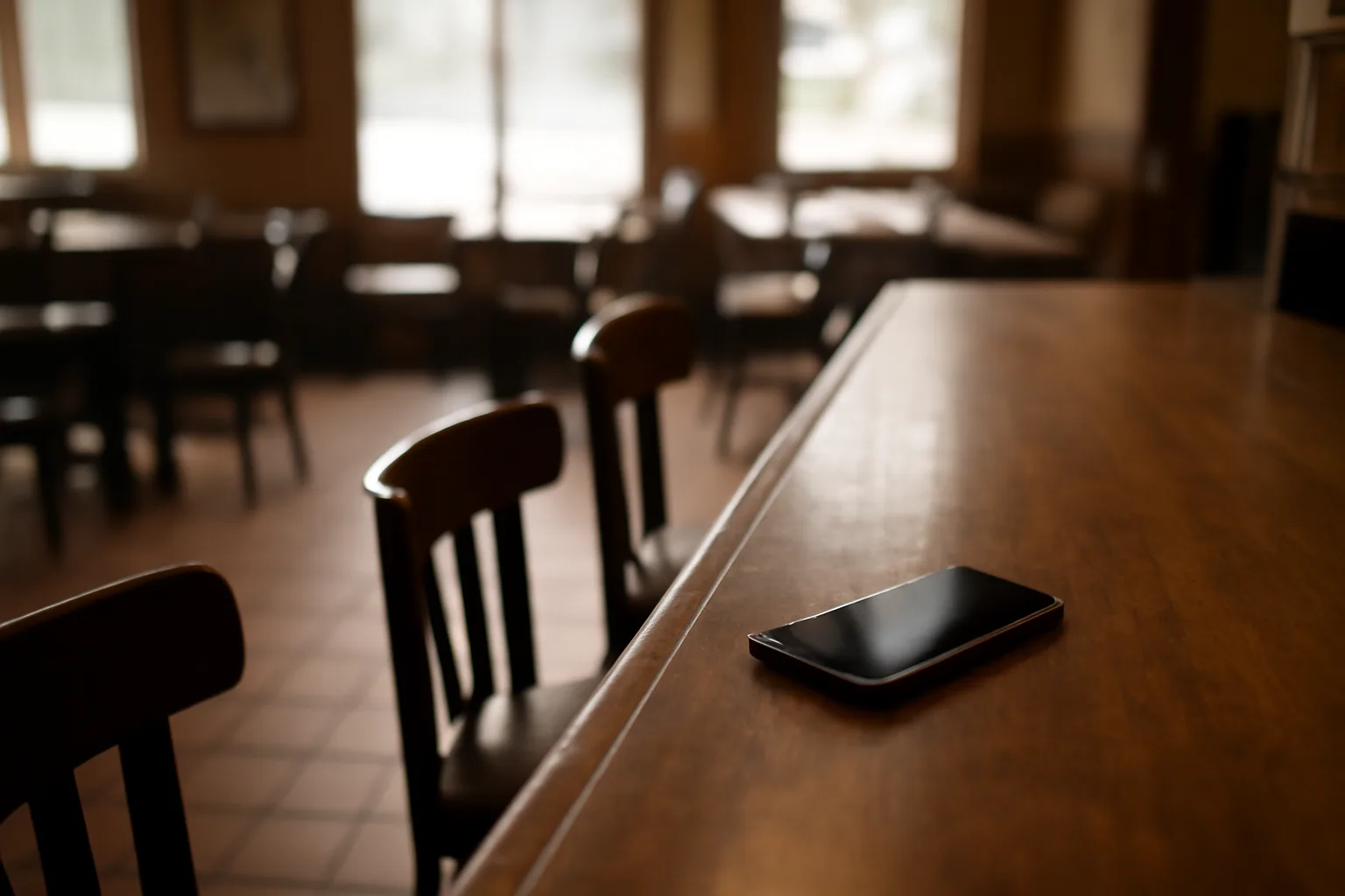 Empty Texas bar counter with a phone resting on it before opening hours