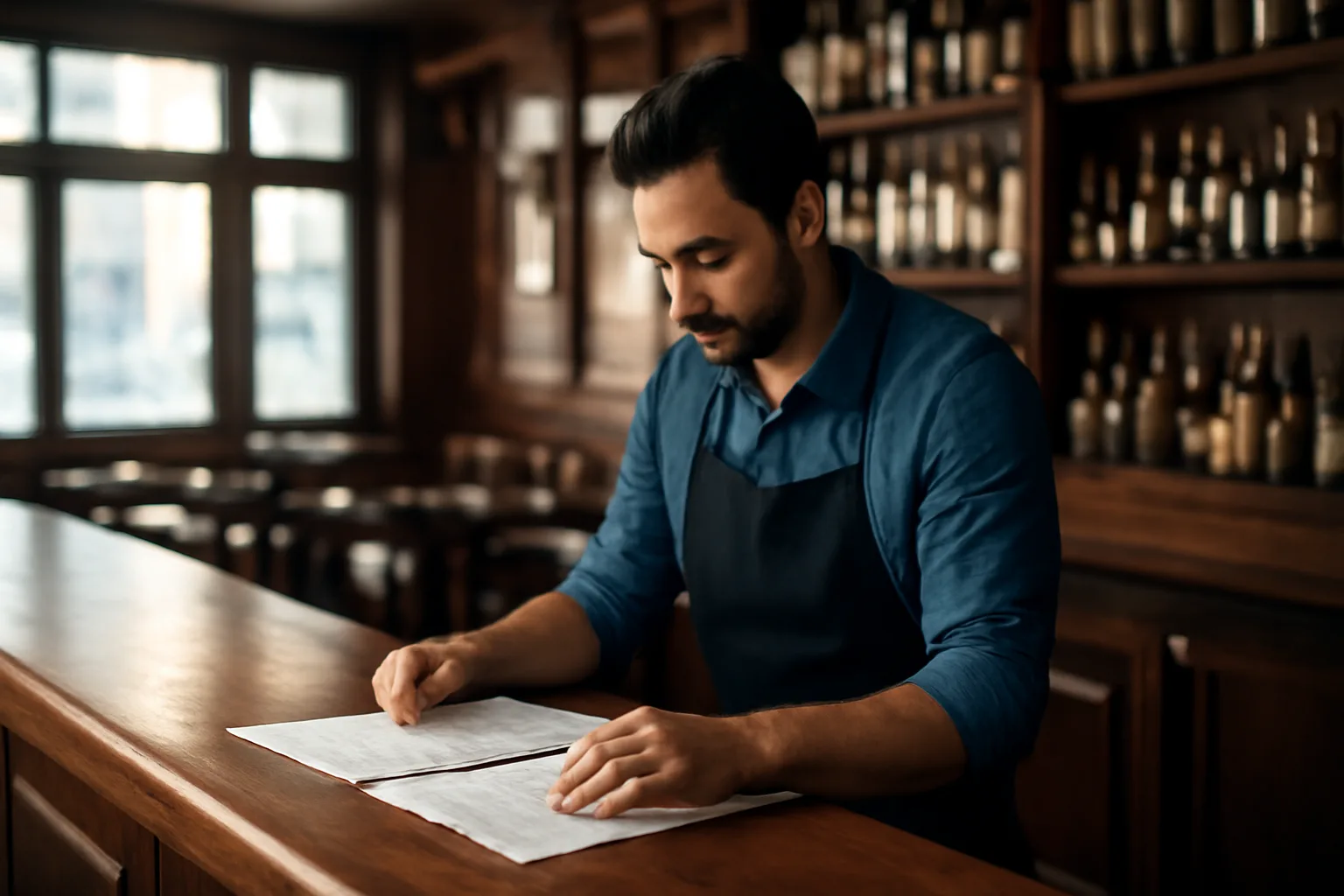 Bartender reviewing paperwork at a bar counter before opening, related to Tennessee ABC license requirements