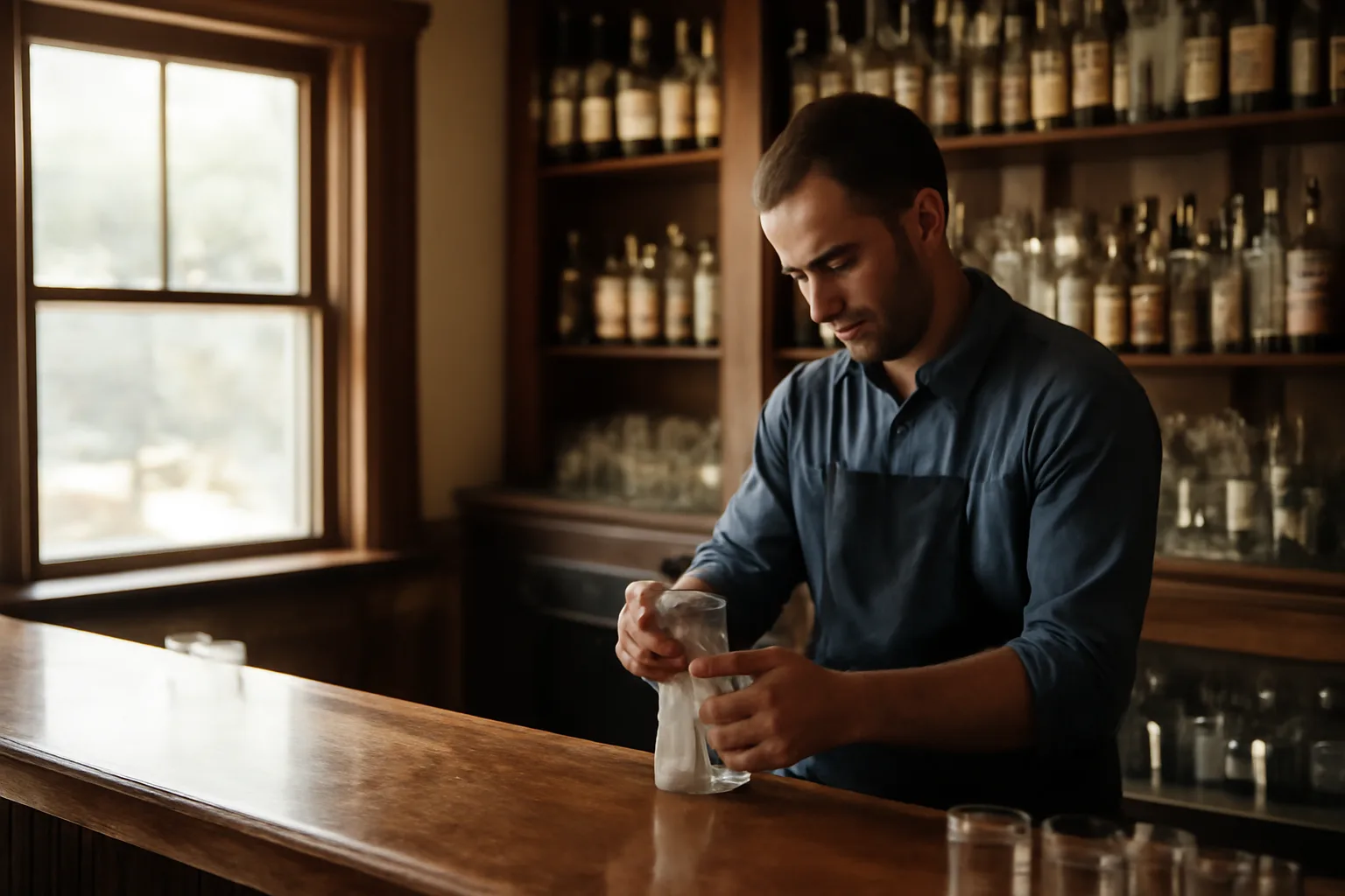 Bartender preparing a Tennessee restaurant bar before service under natural window light