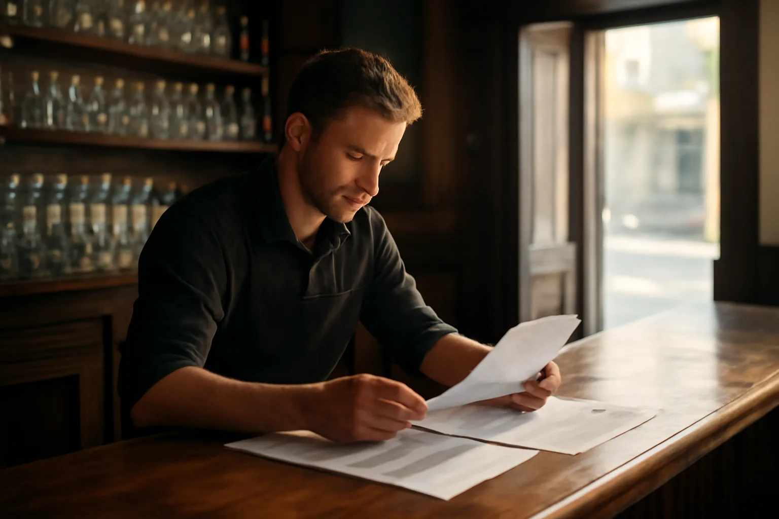 Bar manager reviewing paperwork at empty bar before opening, TABC certification planning