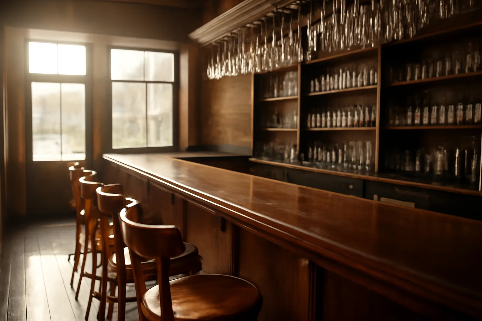 Empty restaurant bar interior in daylight before opening, representing Texas alcoholic beverage license planning