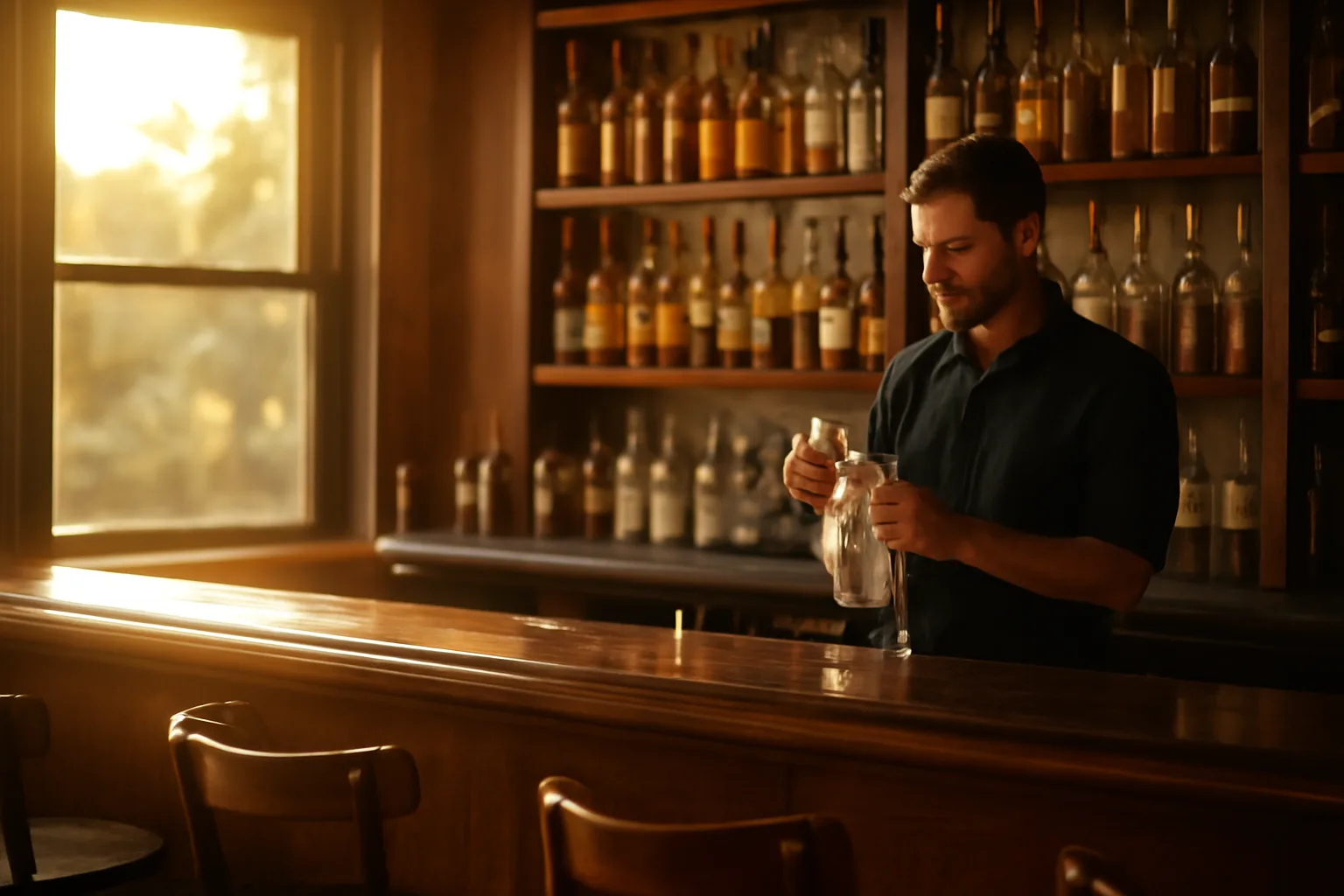 Bartender preparing a Texas bar before opening, warm afternoon light on the back bar