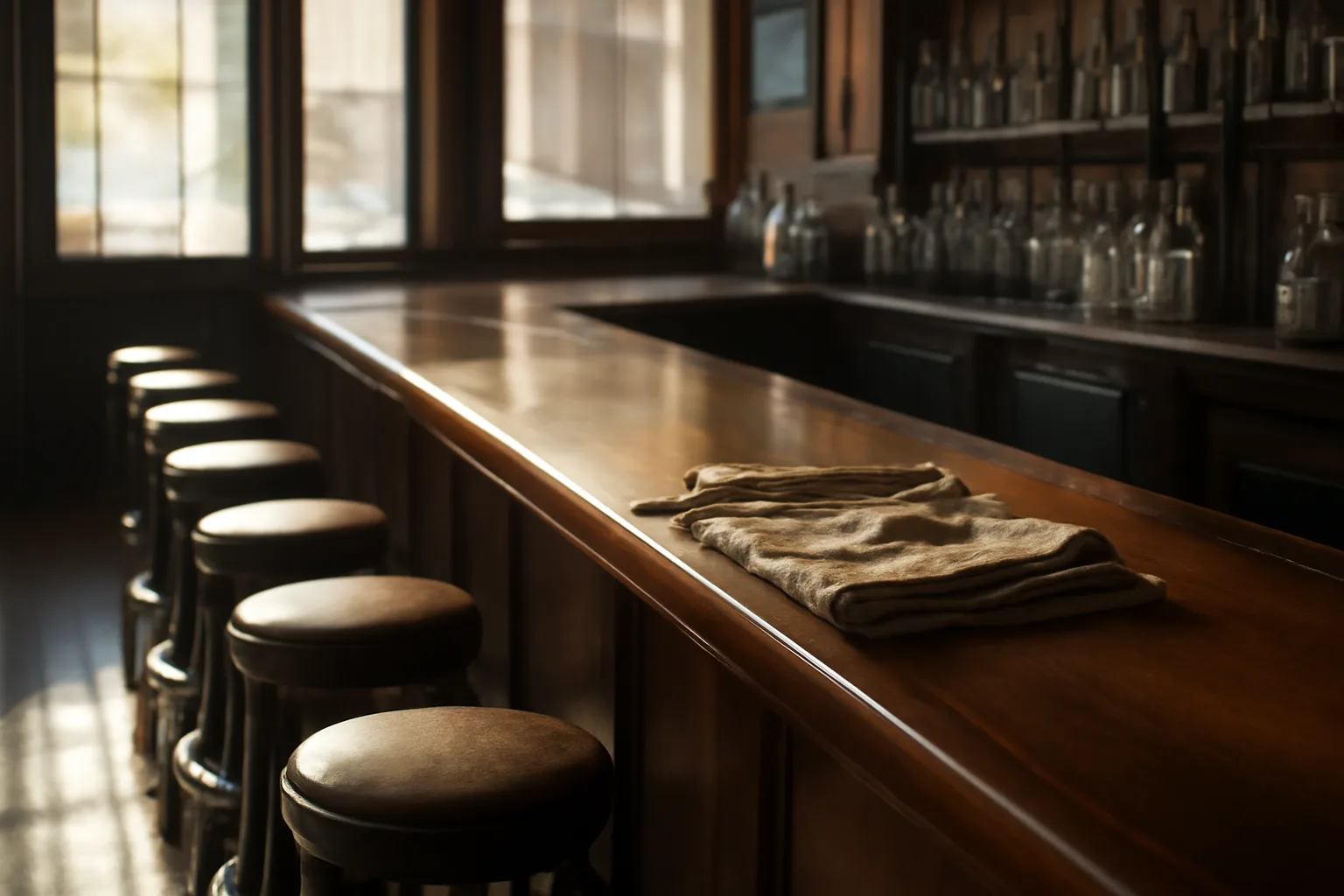 Empty restaurant bar counter in morning light before a Tennessee ABC license lookup