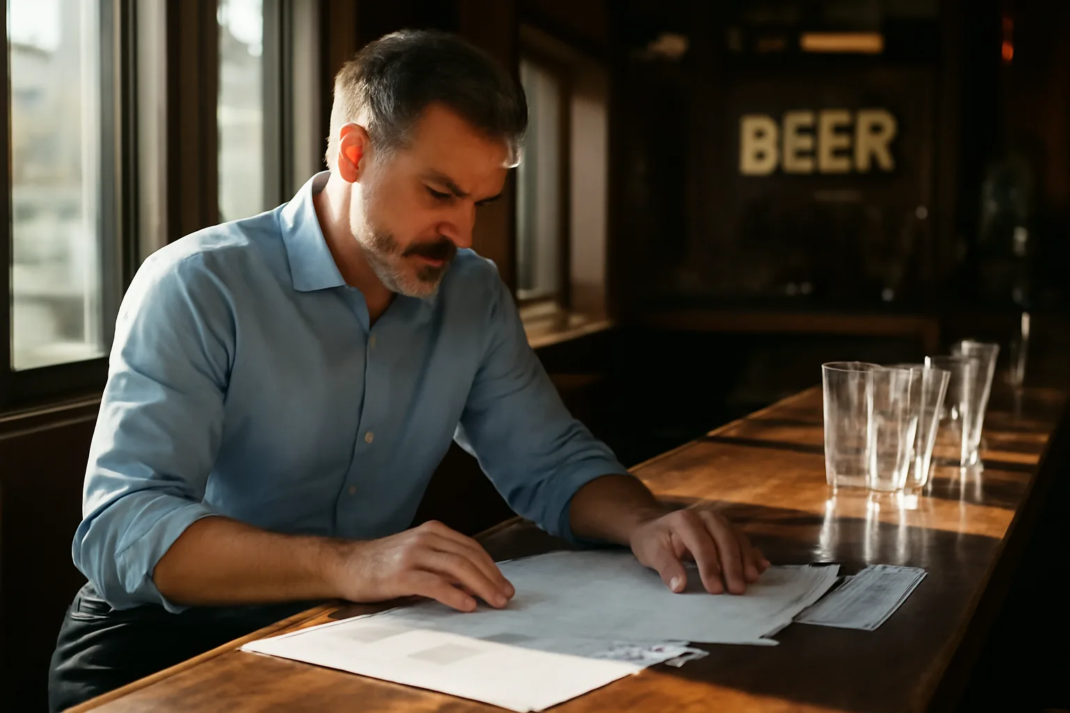 Restaurant owner reviewing liquor license paperwork at an empty bar counter